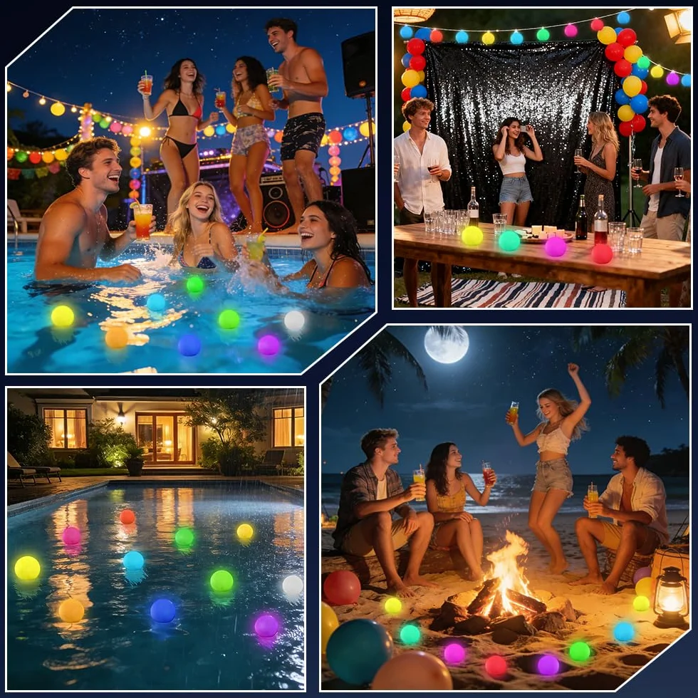 Boule Lumineuse Piscine LED 16 Couleurs RGB avec Télécommande Étanche Flottante 4 Pièces