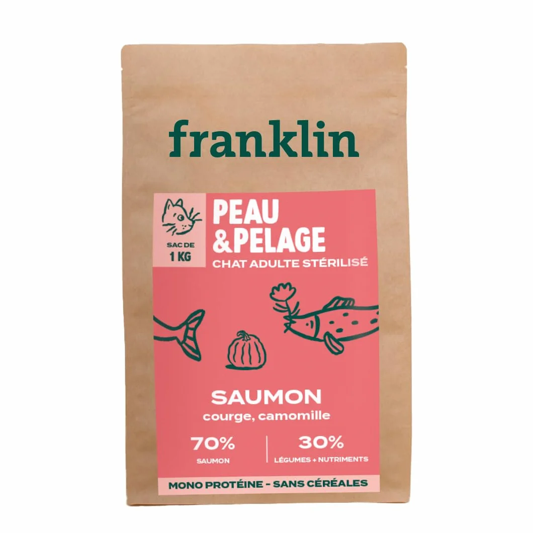 Franklin Croquettes Chat Stérilisé 70% Saumon sans Céréales Hypoallergénique Peau Pelage 1 kg