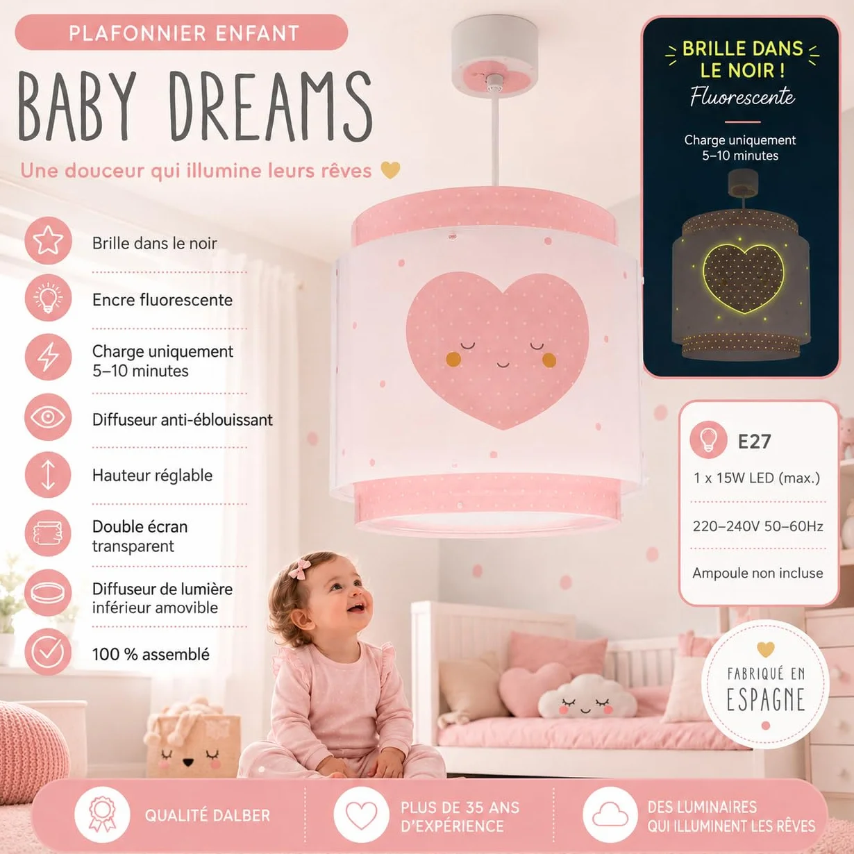 Dalber Lampe Suspension Plafonnier Enfants Baby Dreams Coeur Rose E27