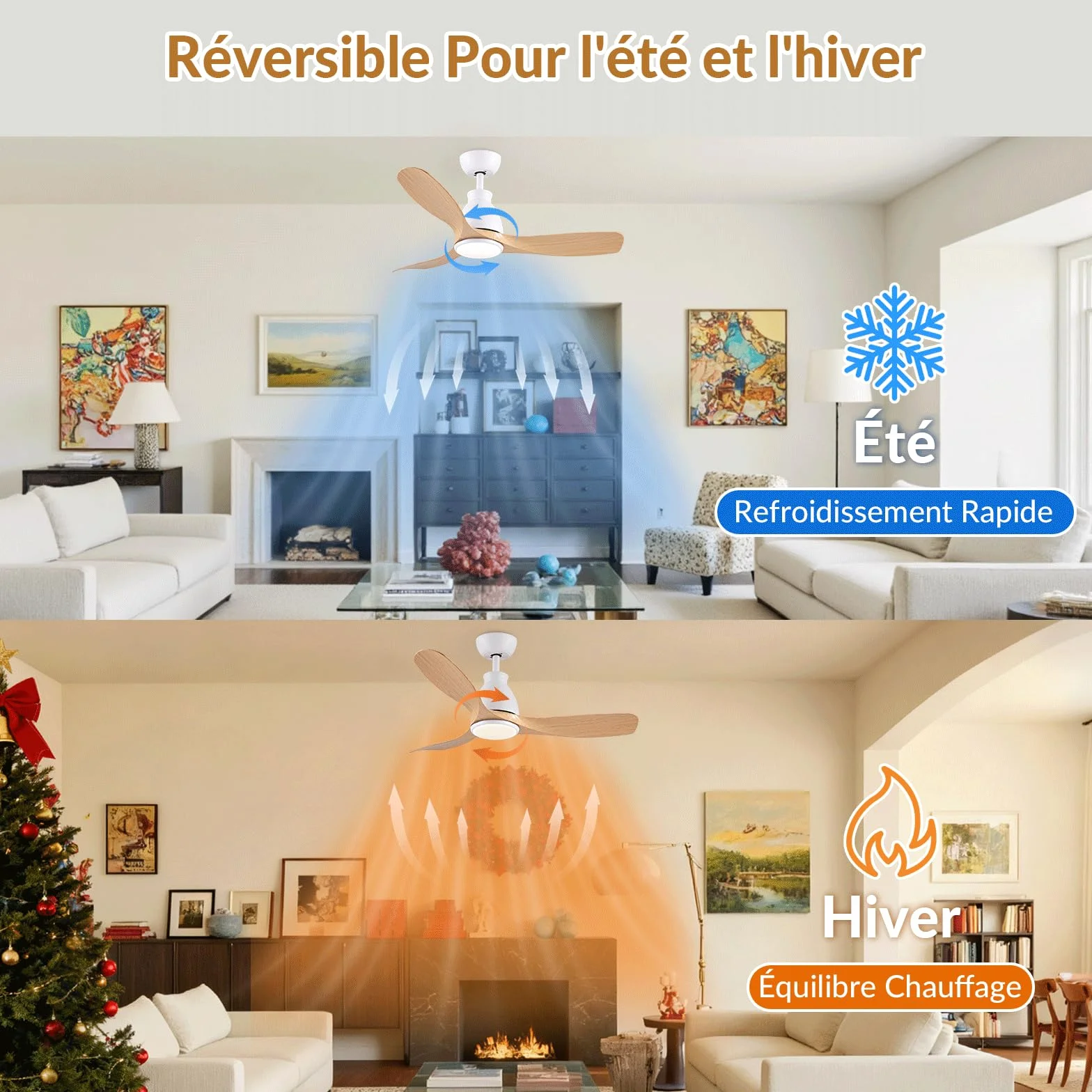 Newday Ventilateur Plafond en Bois 106cm avec Lumiere et Télécommande Silencieux, Moteur DC Réversible, LED Dimmable
