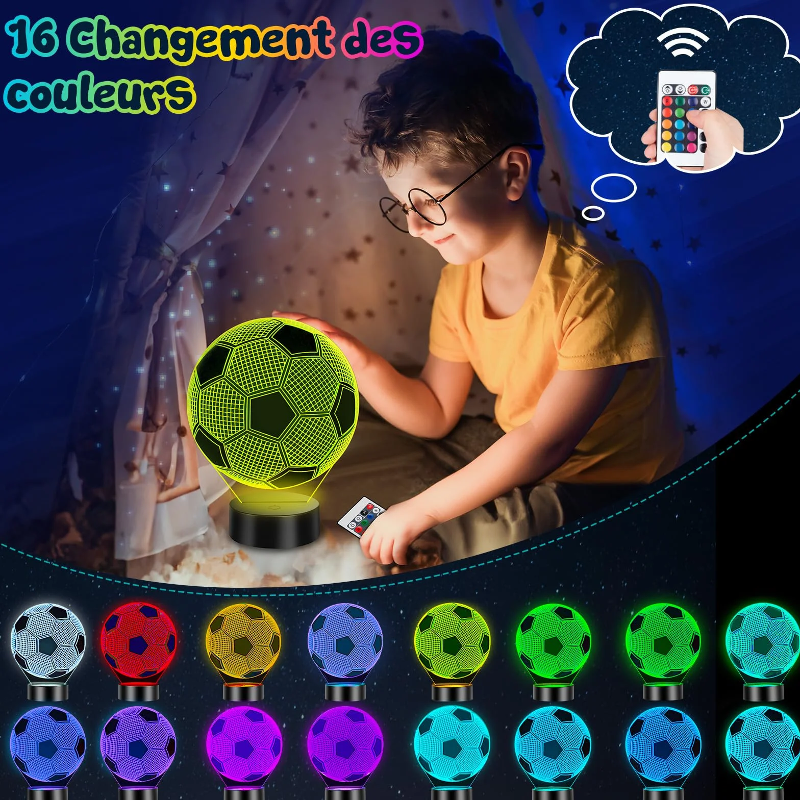 Linkax Veilleuse Enfant Foot Football 3D Illusion Lampe de Chevet LED 16 Couleurs Télécommande Cadeau Garçon 7-12 Ans
