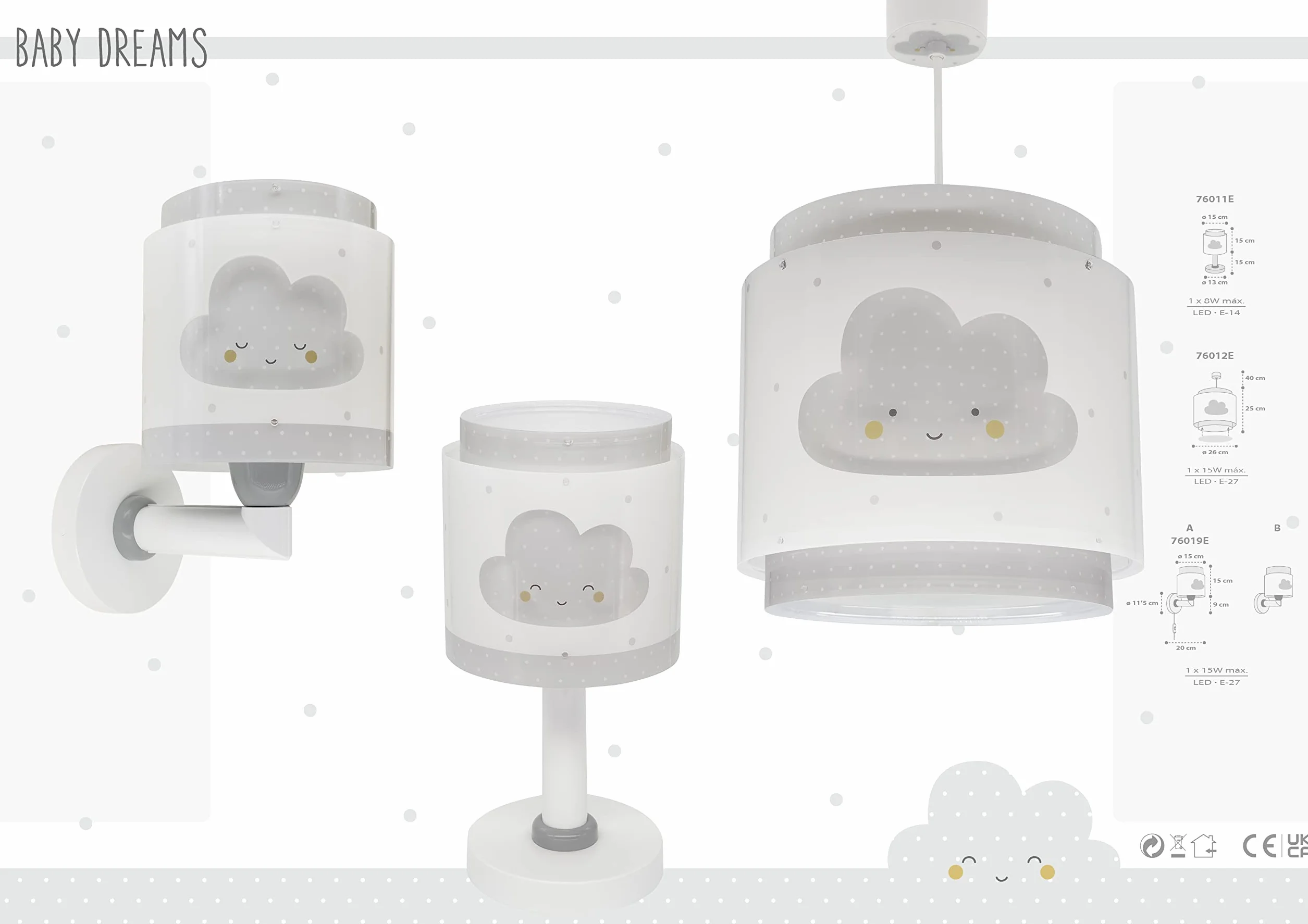 Dalber Lampe Suspension Enfant Baby Dreams Nuage Gris, lustre chambre enfant E27