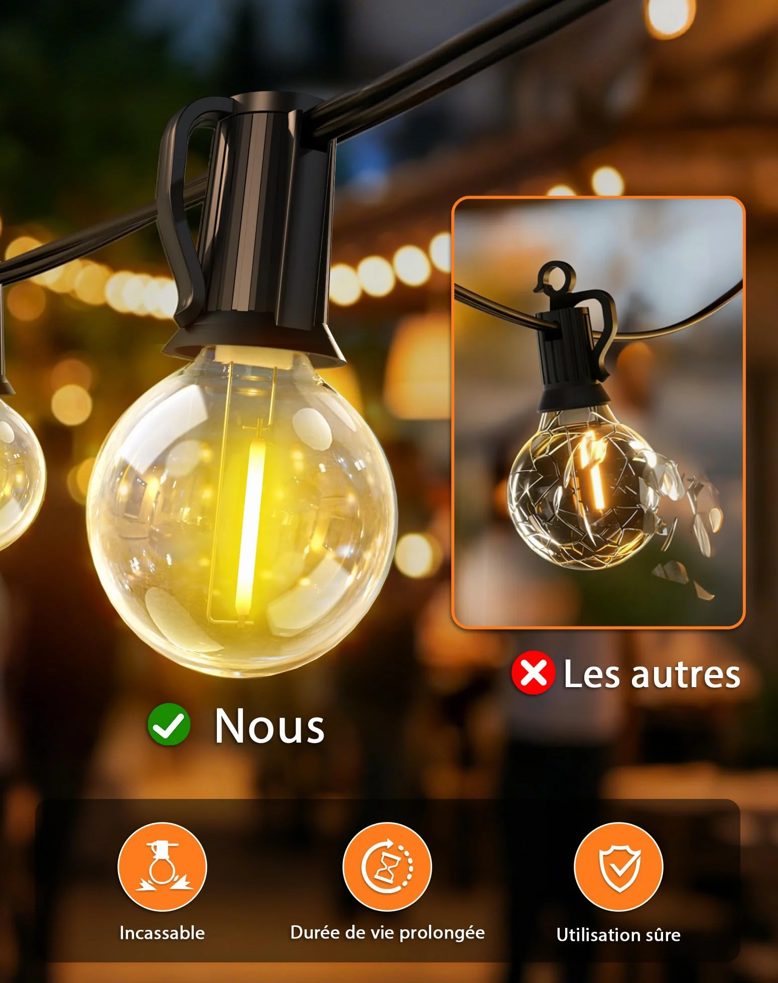 Guirlande Lumineuse Exterieure Solaire LED 10M 15+1 G40 Ampoules 8 Modes IP44 Télécommande