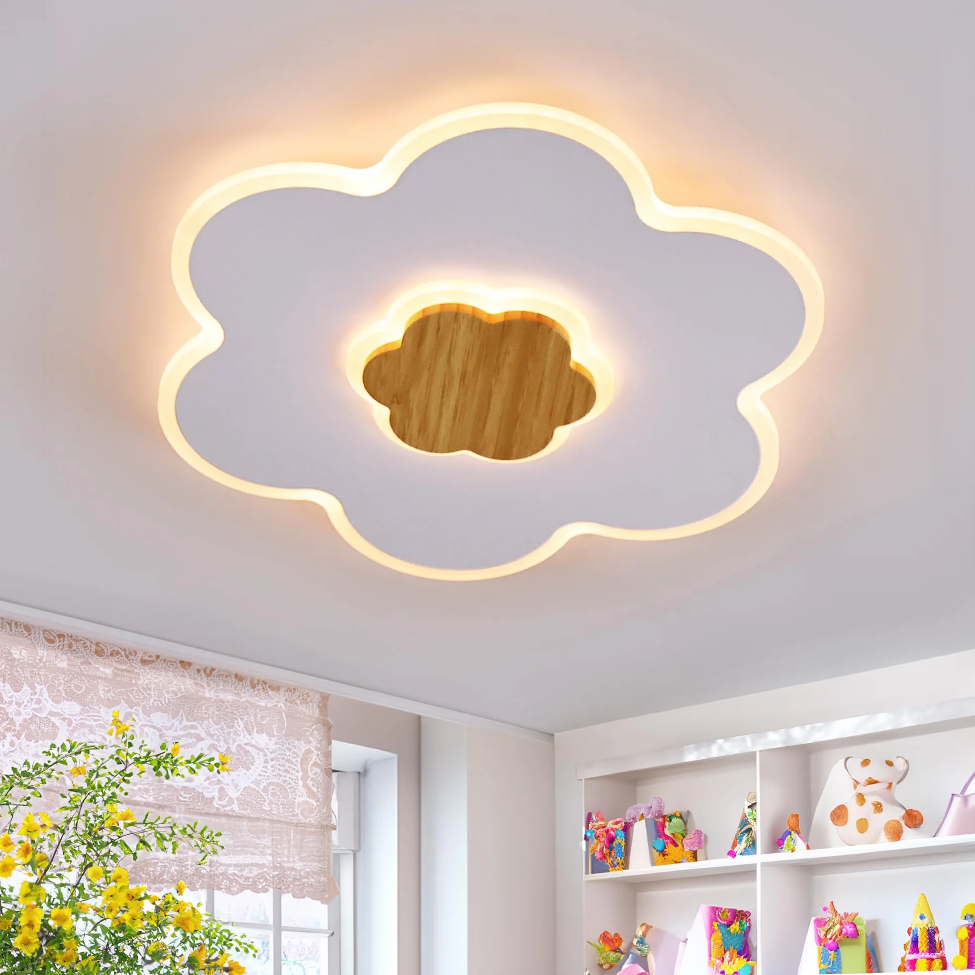 Plafonnier LED Enfant Fleur Bois Dimmable 3000K-6000K 28W 40cm Veilleuse