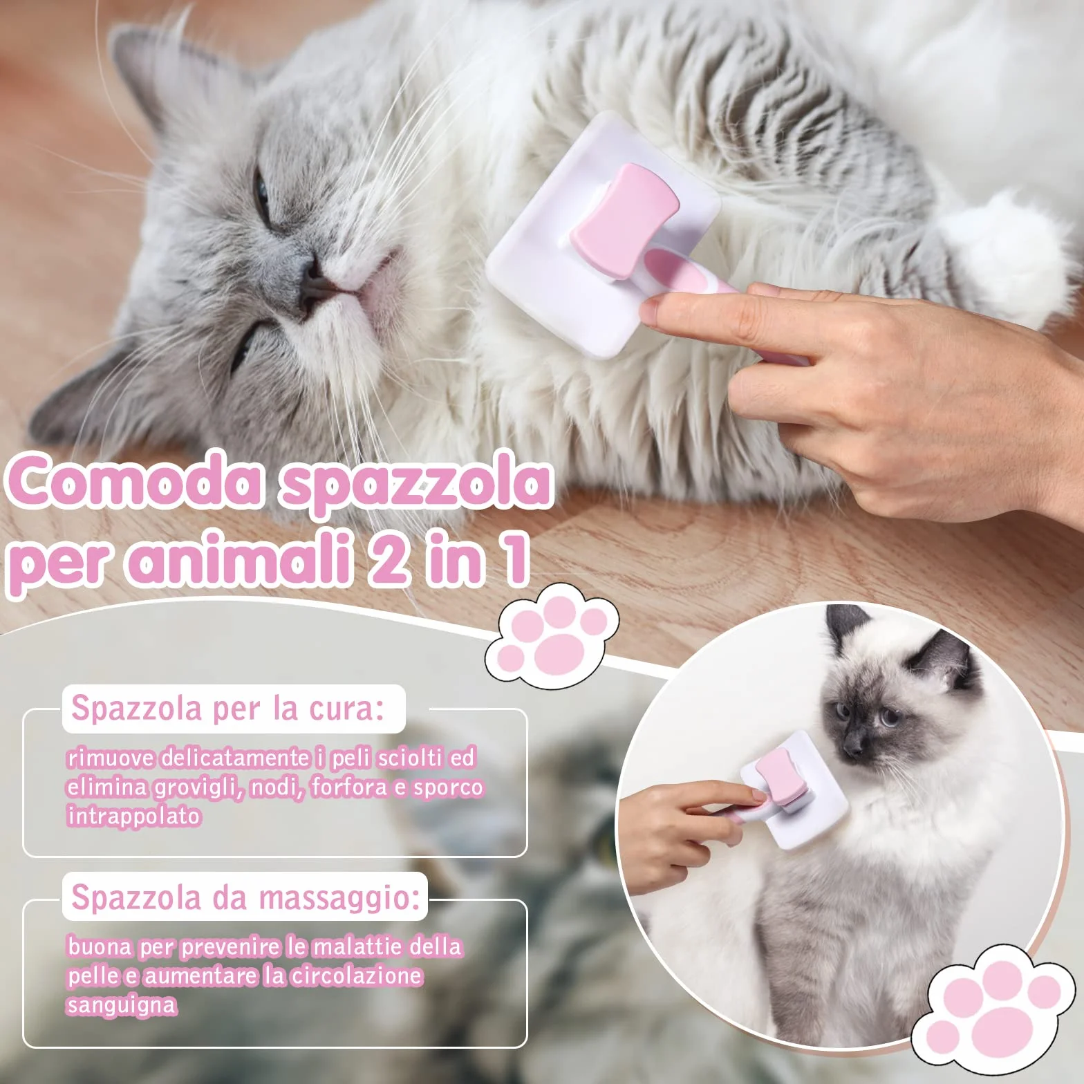 Vinabo Brosse Autonettoyante Pour Animaux de Compagnie, Pour Chiens Chats, Poils Longs et Courts, Rose