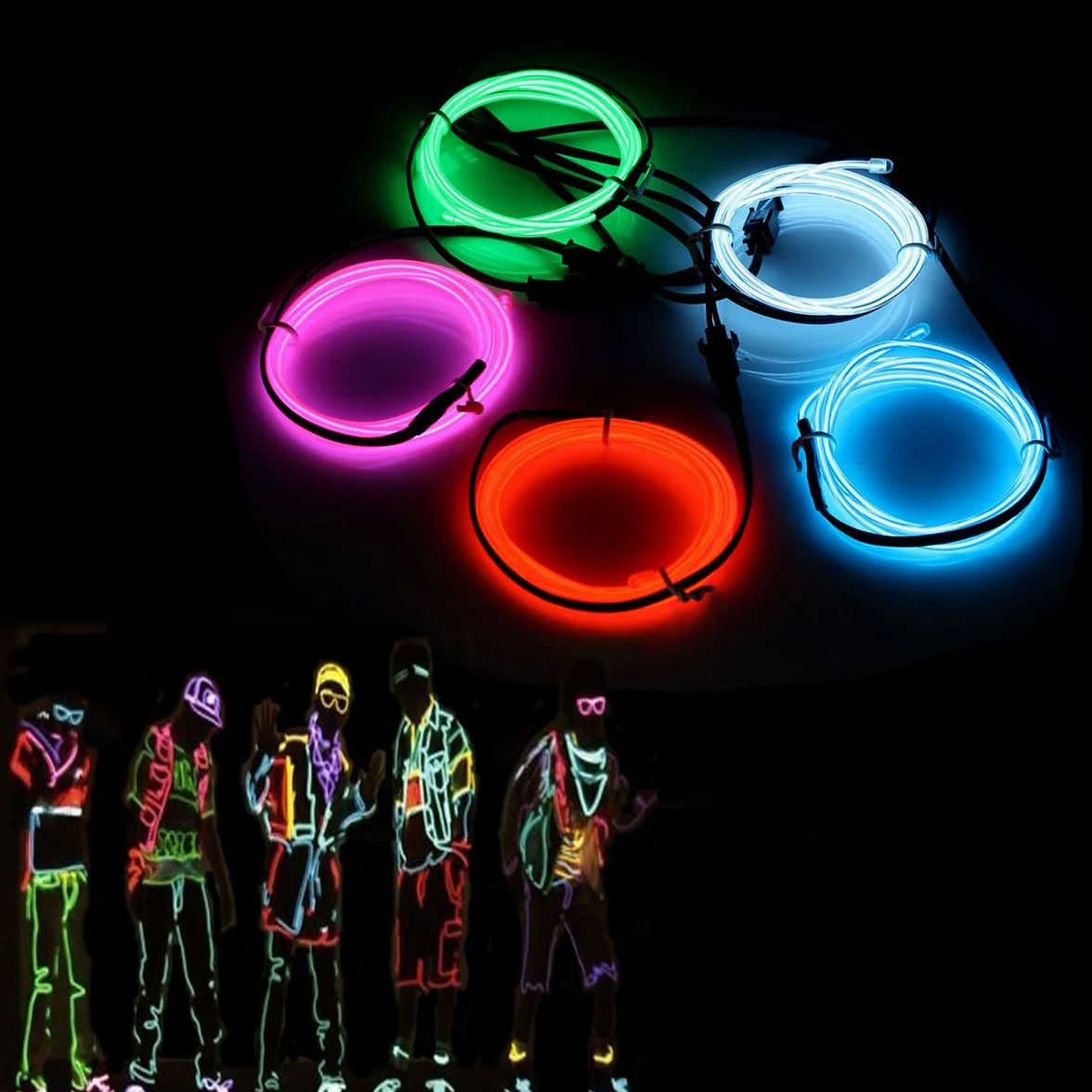 Guirlande Lumineuse EL Wire 5x1M 3 Modes Fixe Clignotant Stroboscope Tube Fluorescent Décoratif