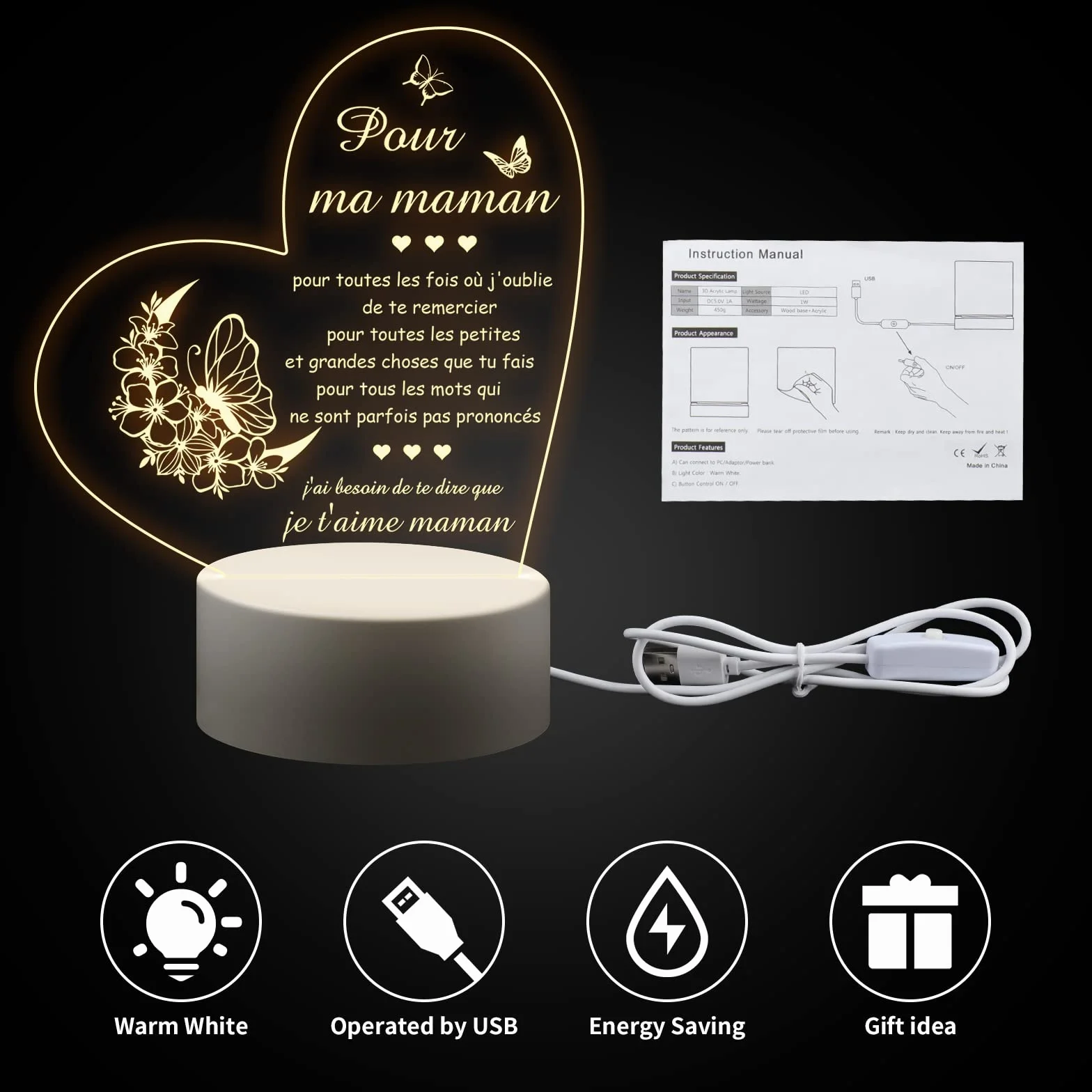 Veilleuse en Acrylique Cadeau Fete des Meres Maman Anniversaire Noel