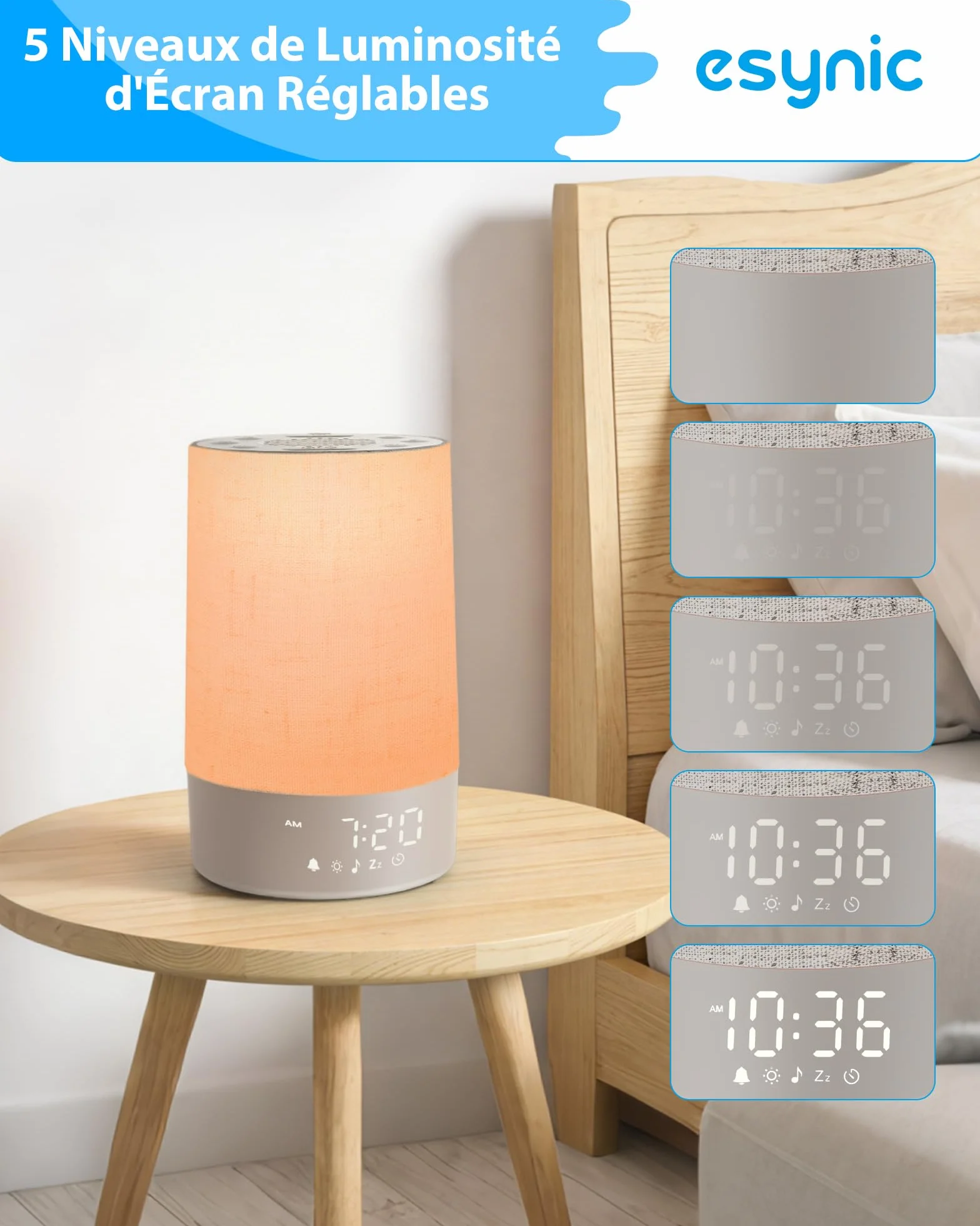 eSynic Réveil Lumineux Simulateur d'Aube 30 Sons Blanc Bruit 10 Couleurs Luminosité Volume Réglable Snooze Minuteur