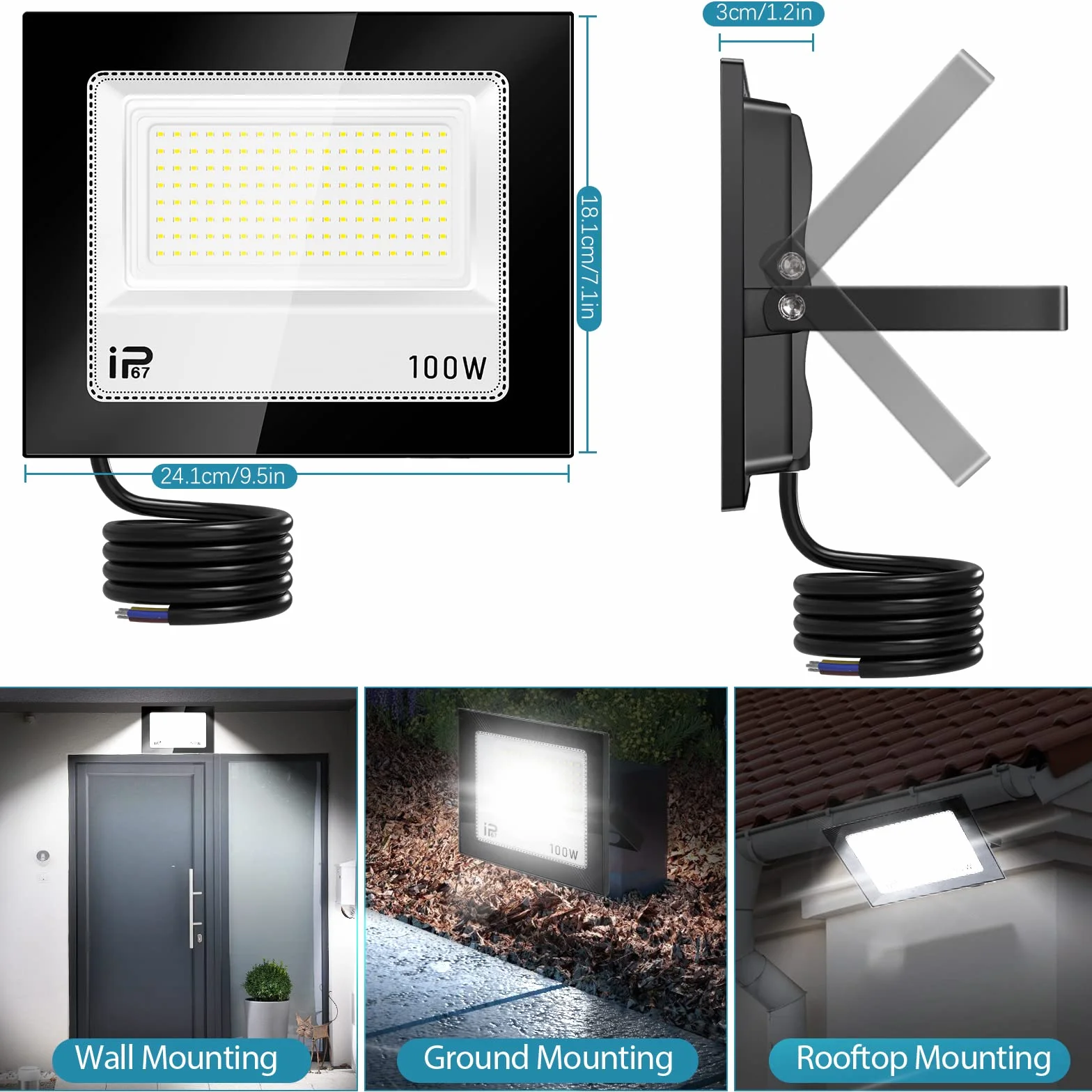 Projecteur LED Extérieur 100W 10000LM IP67 Étanche 7000K Blanc Froid