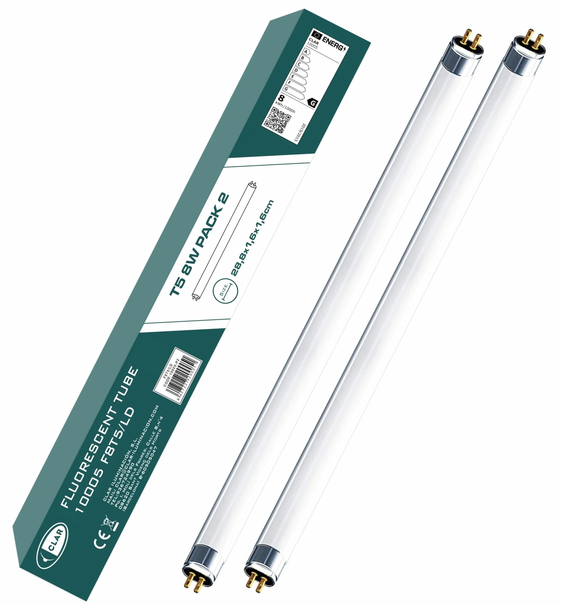 CLAR Tubes Fluorescents 8W T5 28,8 x 1,6 cm Pack 2