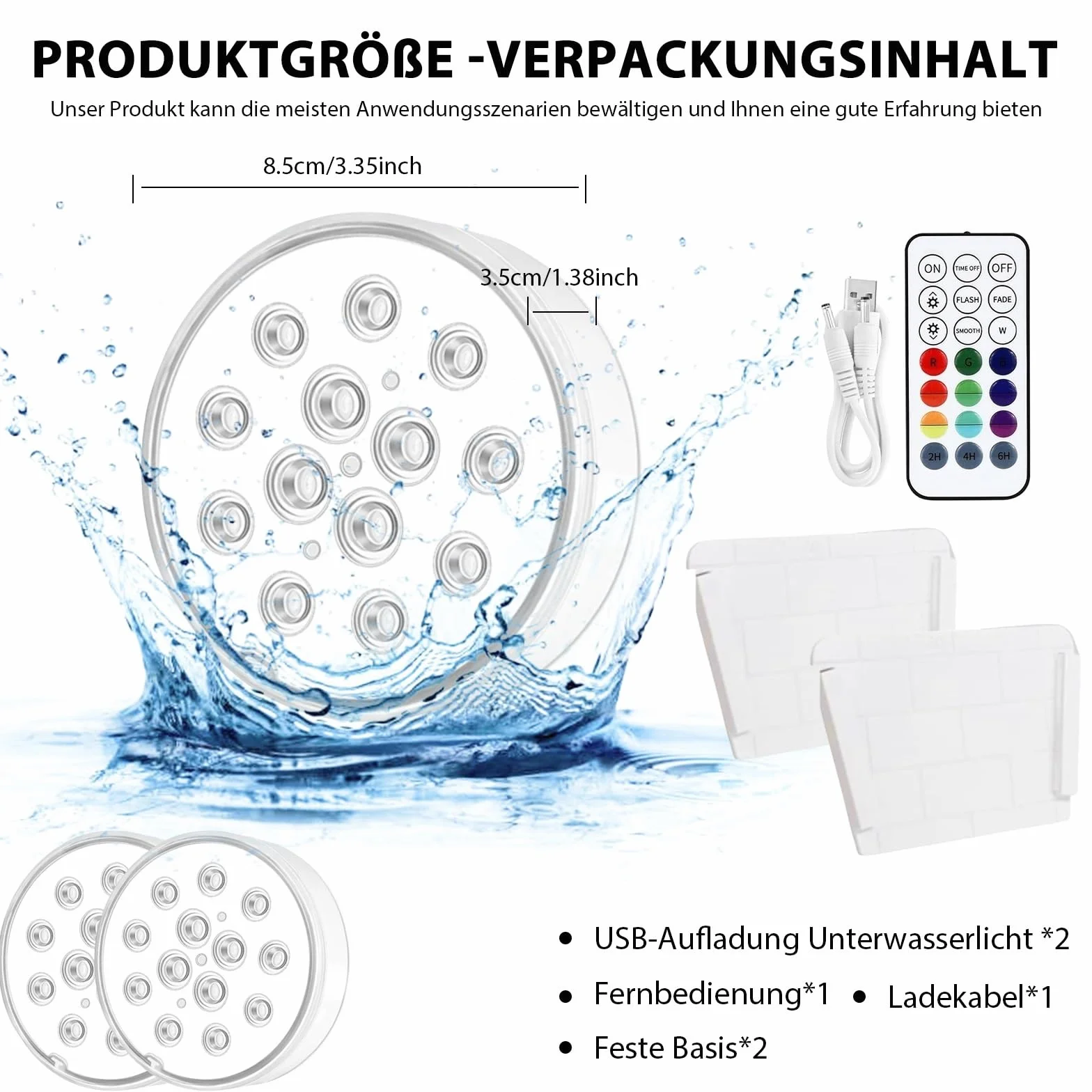 Lumières LED Submersibles Piscine Rechargeables IP68 Étanches Télécommande RF RGB 16 Couleurs 13 LEDs