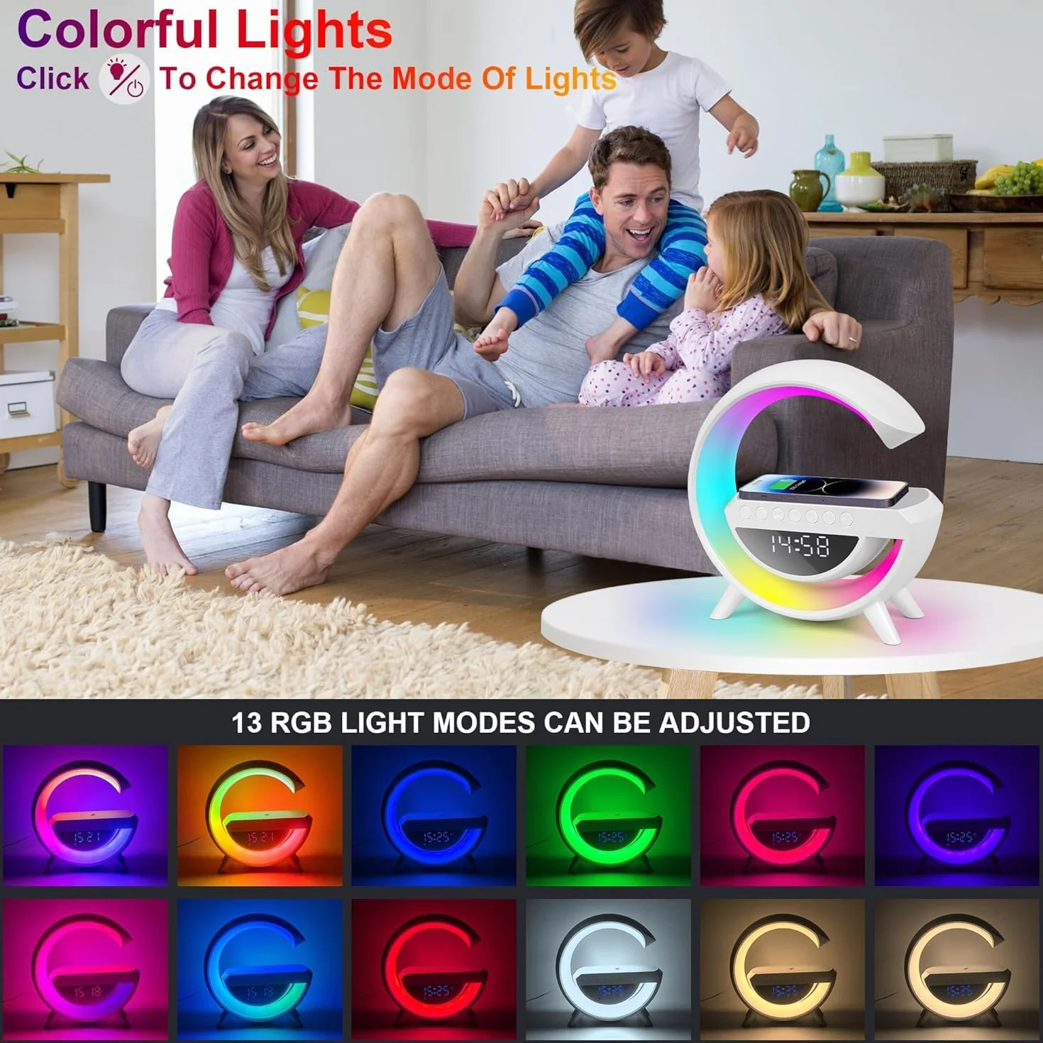 Lampe de Charge Sans Fil Bluetooth Multifonctionnelle 5-en-1 avec Veilleuse RVB et Réveil Numérique