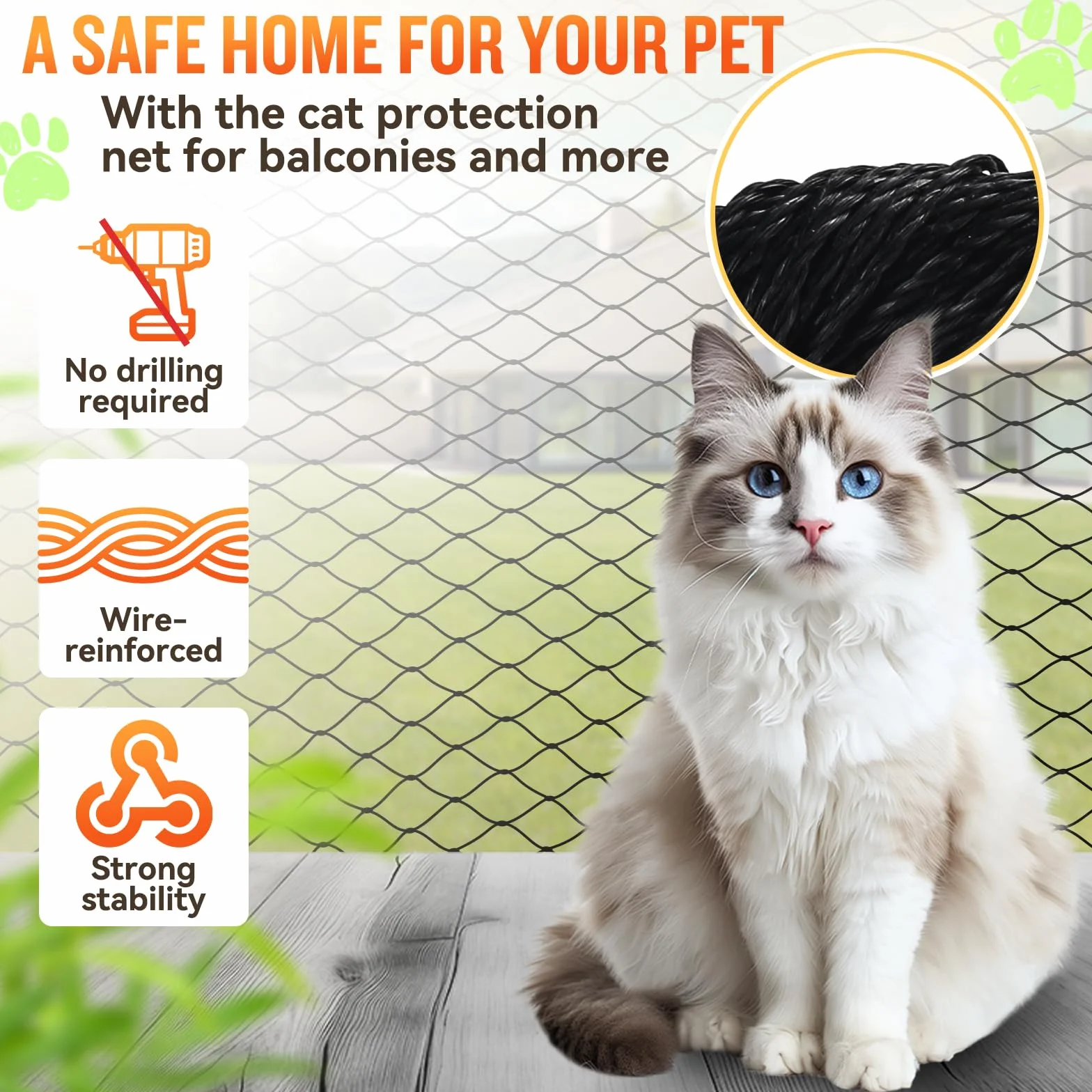 CENOVE Filet de Protection Renforcé Chat 3x4M Balcon Sécurité Anti-Chute avec Crochets