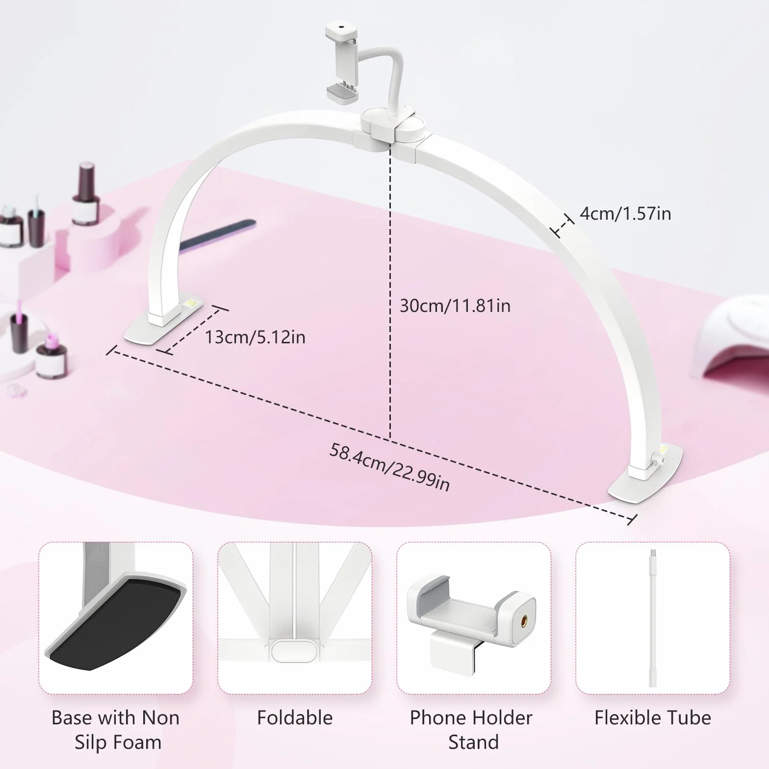 Lampe Demi-lune pour Ongles 23" 3 Modes de Couleur 10 Niveaux de Luminosité Réglables Blanc