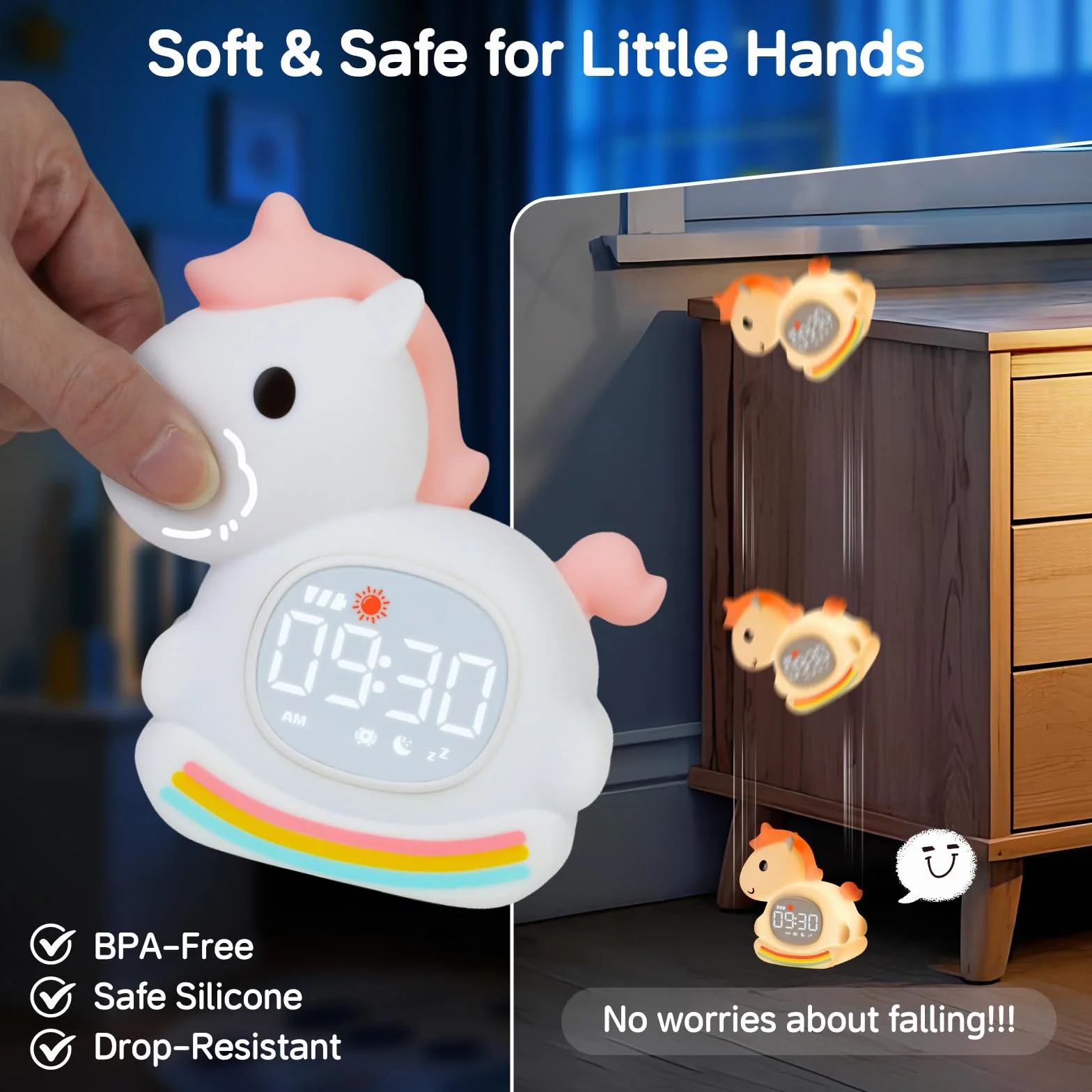 Horloge Réveil Poney Veilleuse Enfants Lampe Rechargeable Silicone Rose