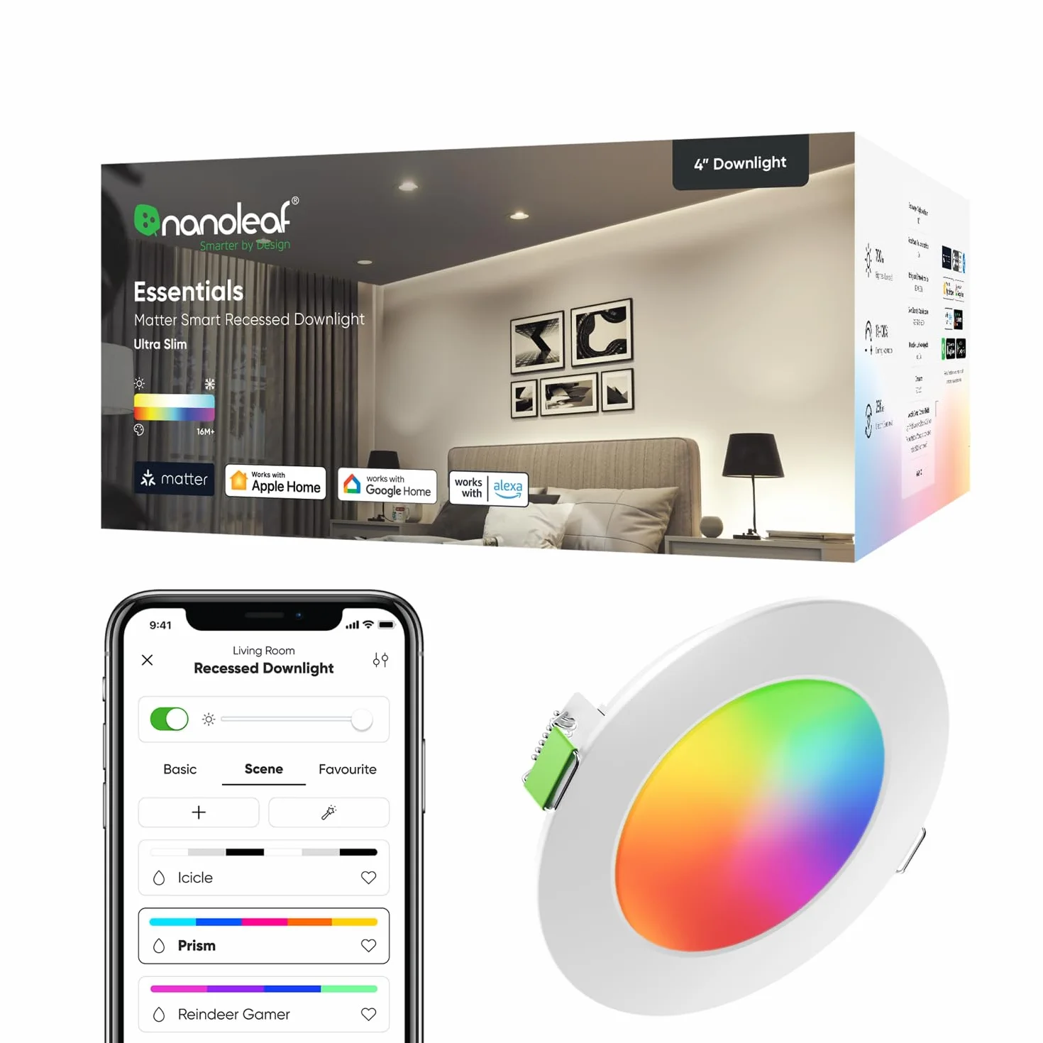 Nanoleaf Ampoule Connectée WiFi LED Spots Encastrés, Compatible Alexa/Google Home/App, Dimmable Multicolore 550LM 1200K-6500K, Découpe 75–85 mm