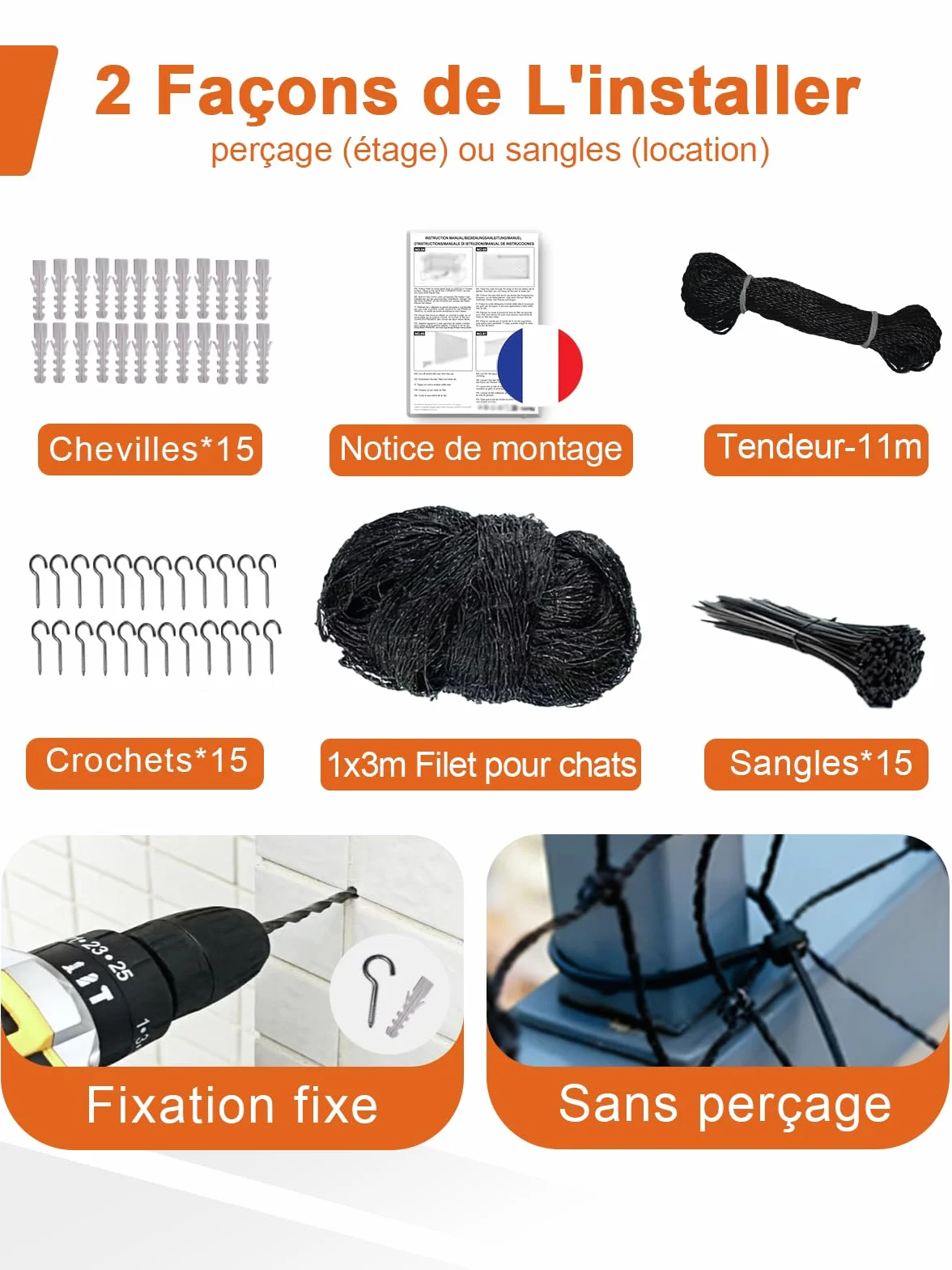 Filet Chat Balcon Renforcé Protection Fenêtre Barrière Chat 1x3m