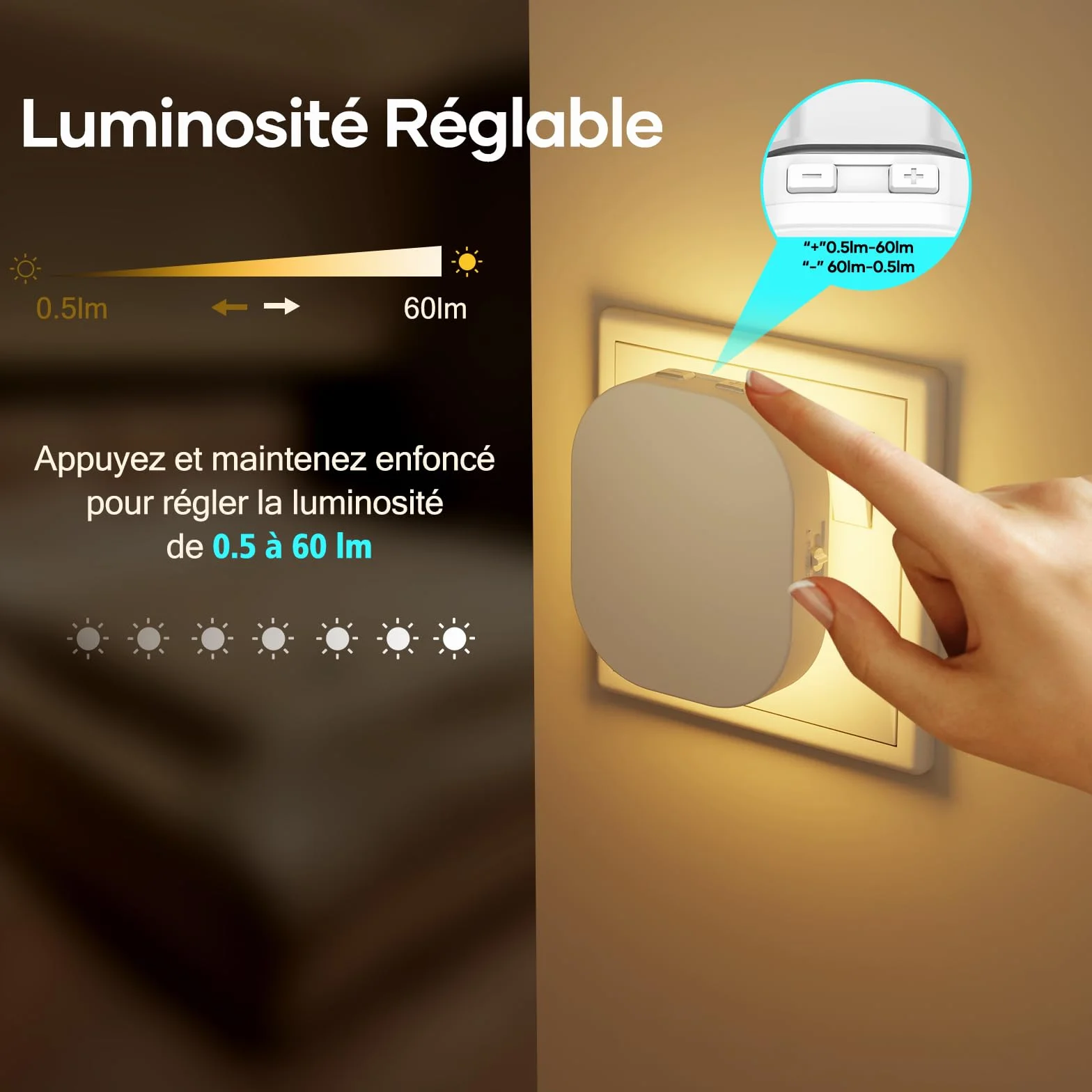 Suright Lot de 2 Veilleuse Prise Electrique avec Détecteur de Mouvement et Capteur Crépusculaire, Luminosité Réglable 0.5-60LM, 2700K