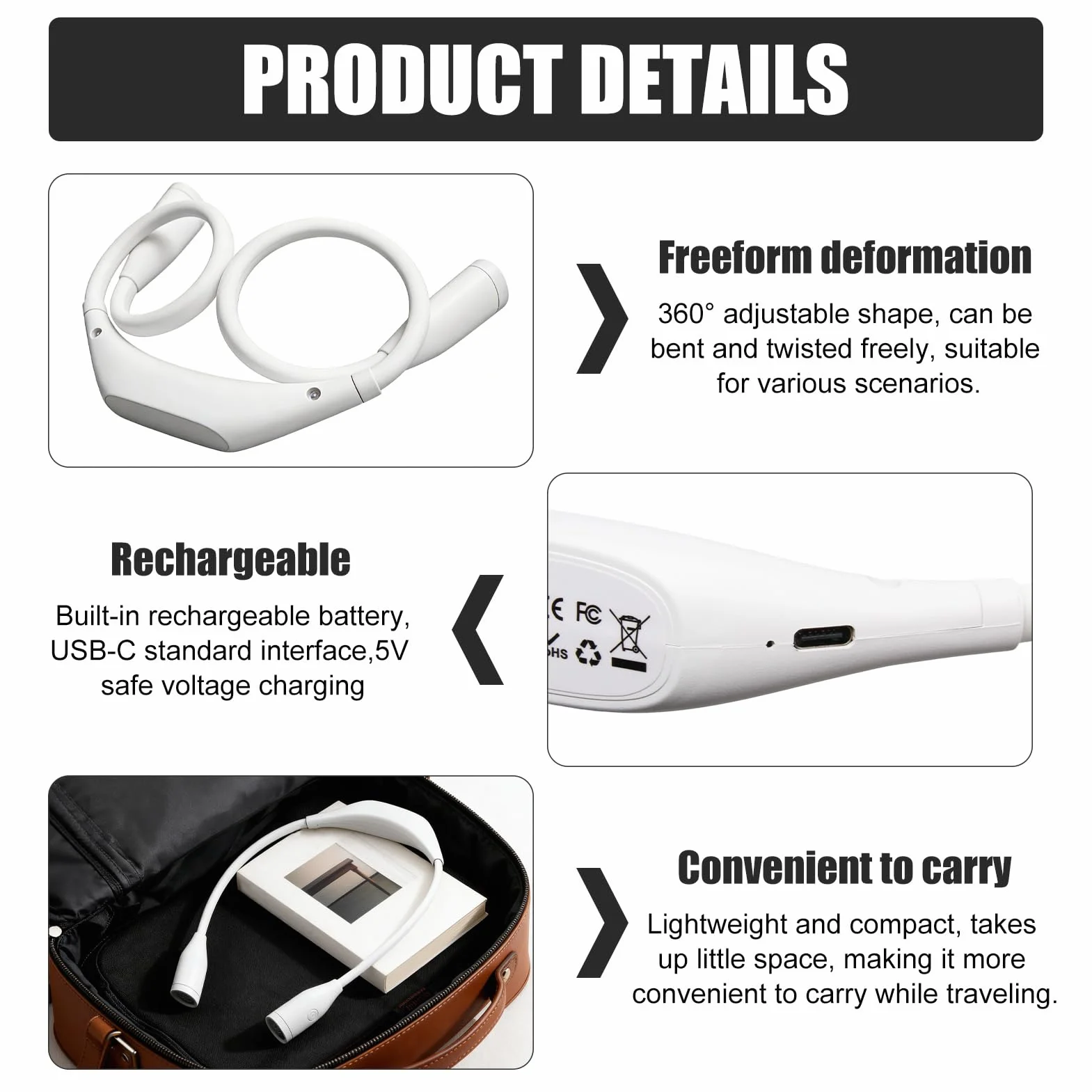 Lampe de Cou LED Rechargeable USB, Bras Flexibles 360°, 3 Couleurs 9 Niveaux Luminosité