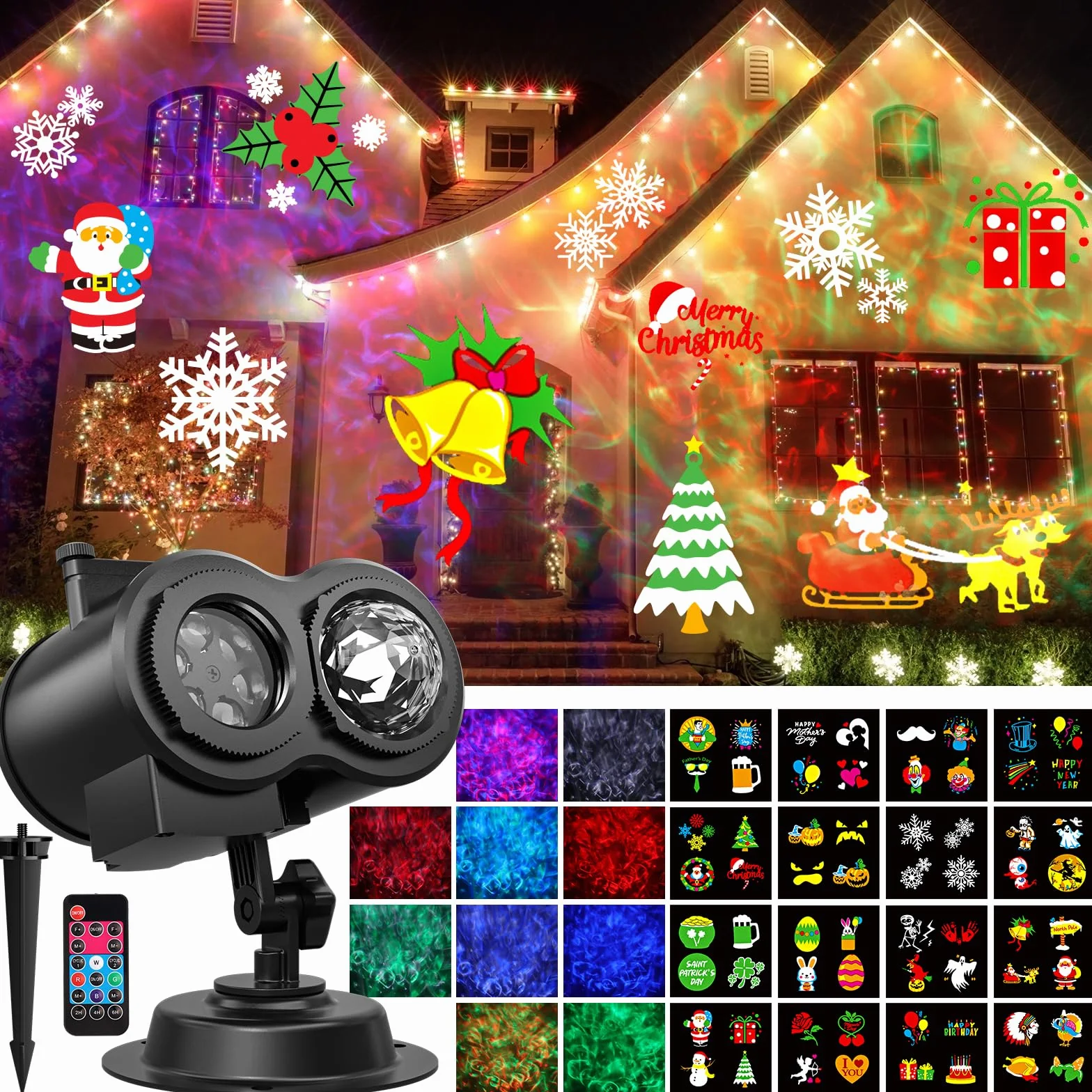 Projecteur Noel Exterieur 16 Diapositives avec Telecommande et Minuterie 4 Couleurs Motifs Eau