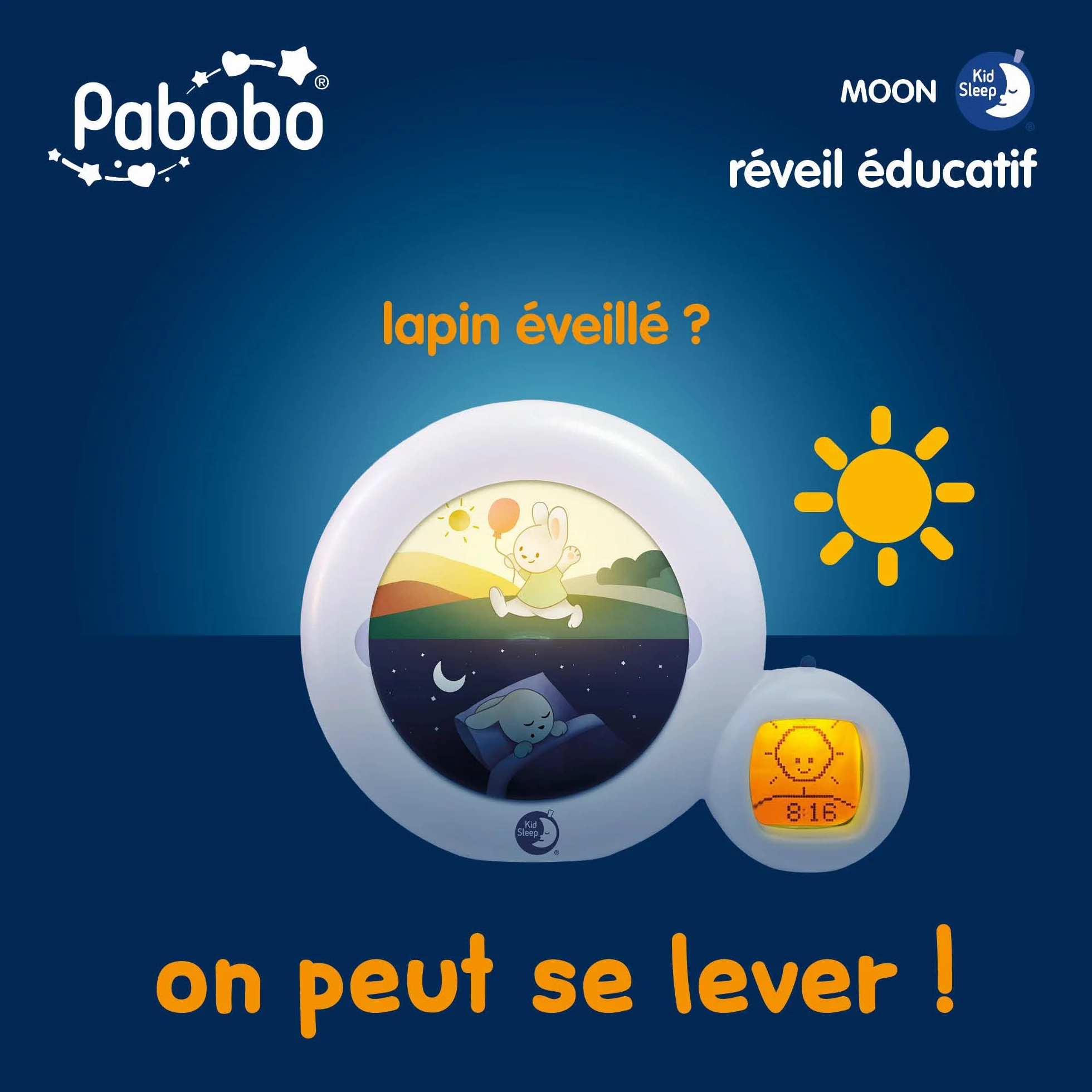 Pabobo x Kid Sleep Réveil Educatif Enfant Jour Nuit Musical Veilleuse Réveil Moon 3 en 1 Blanc