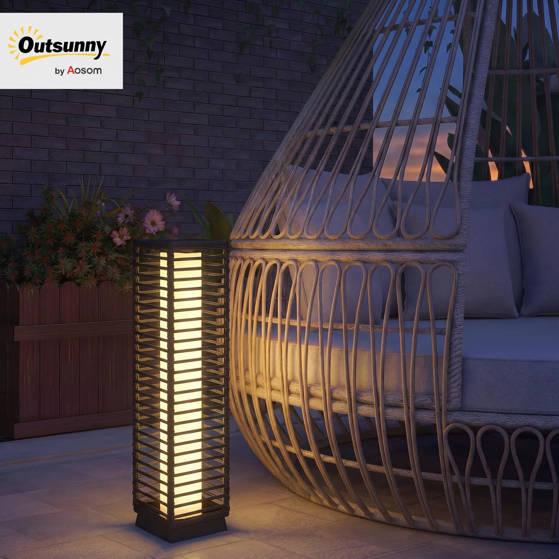 Outsunny Lanterne Solaire Extérieure Résine Tressée Noir Lampadaire sans Fil Rechargeable Capteur de Lumière LED