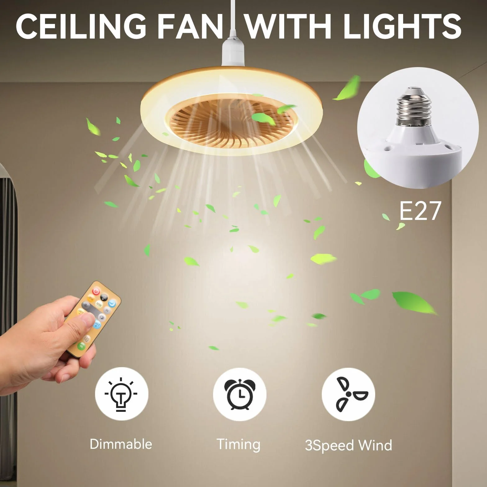 Lampe Ventilateur Plafond E27 Ampoule LED Dimmable 3 Vitesses Blanc