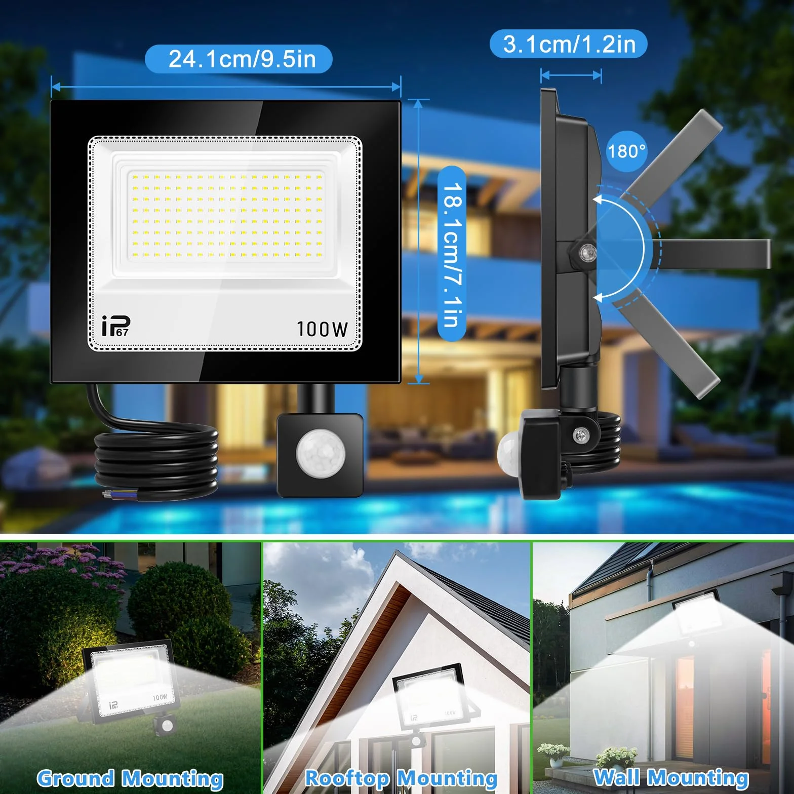 Projecteur LED Extérieur 100W 10000LM Détecteur de Mouvement 7000K IP67
