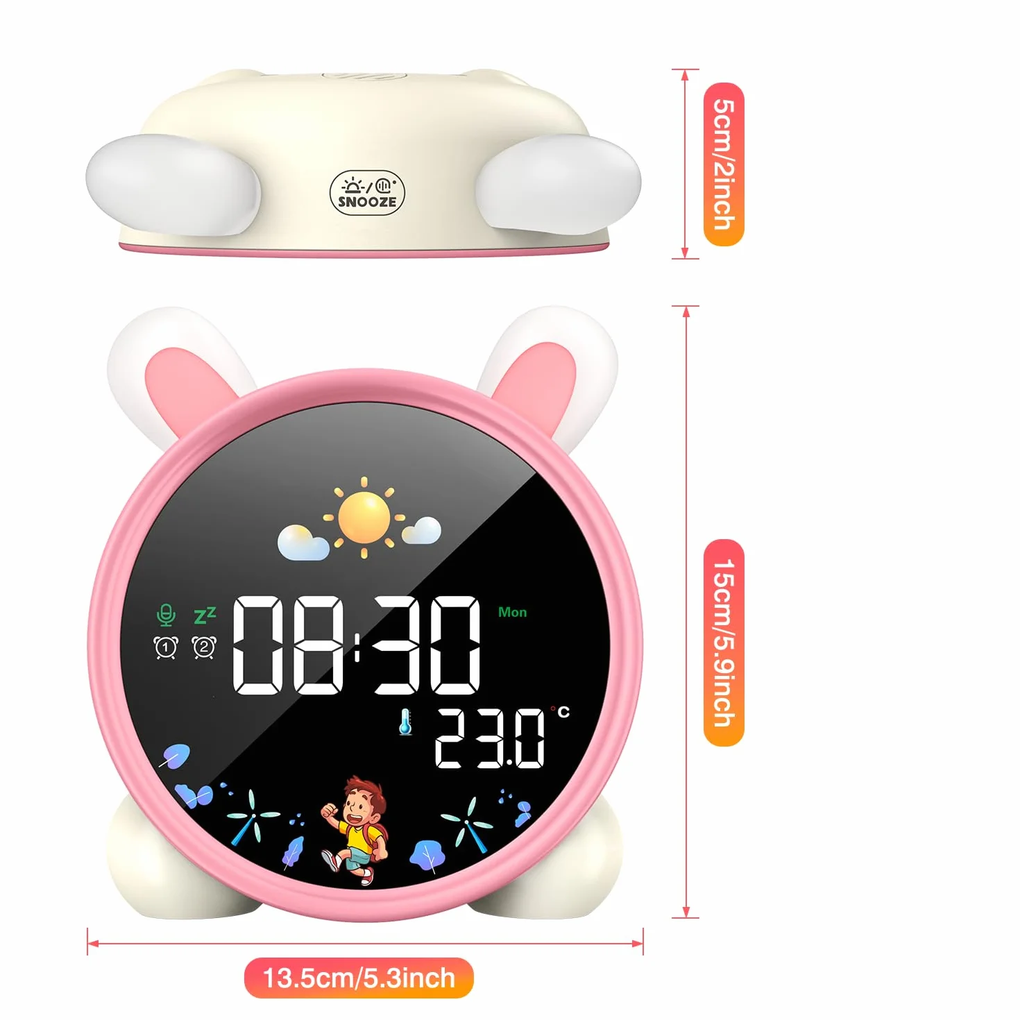 LEMNOI Réveil Educatif Jour Nuit Enfant Chatte LED Lampe de Chevet avec Musique Double Alarme Température Fonction Snooze Lapin