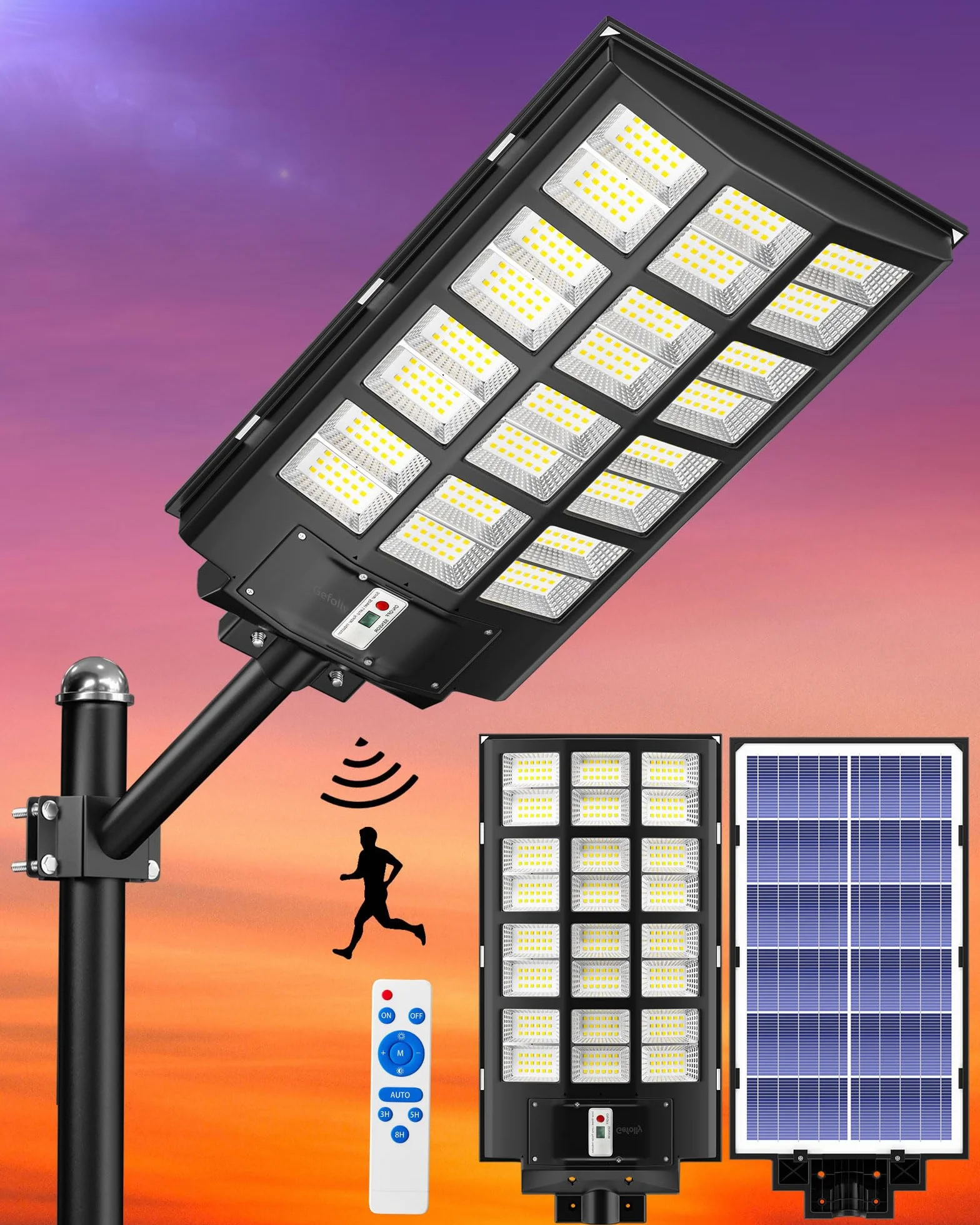 Gefolly SL-1600W Solaire Exterieur Lampadaire 216000LM 6500K IP67 Projecteur Solaire Exterieur