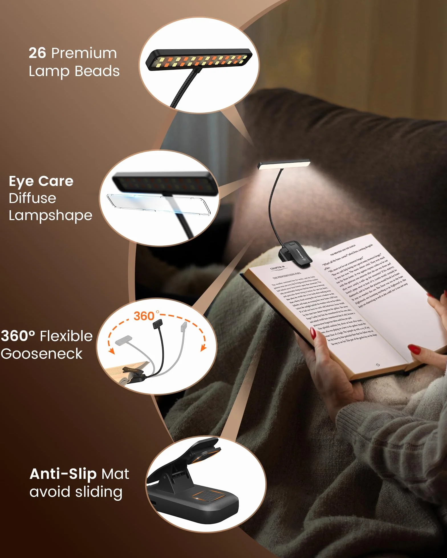 Glocusent Lampe de Lecture 26 LED, Rechargeable USB-C, 5 Luminosités & 5 Couleurs, 360° Cou Flexible, Autonomie 90h