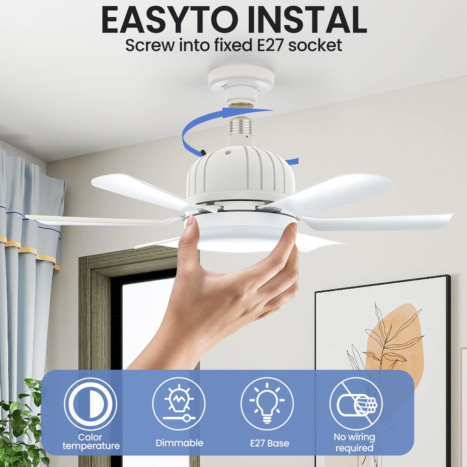 Ventilateur de plafond avec lumière et télécommande 46 cm E27 LED dimmable 3 vitesses minuterie 2/4h blanc