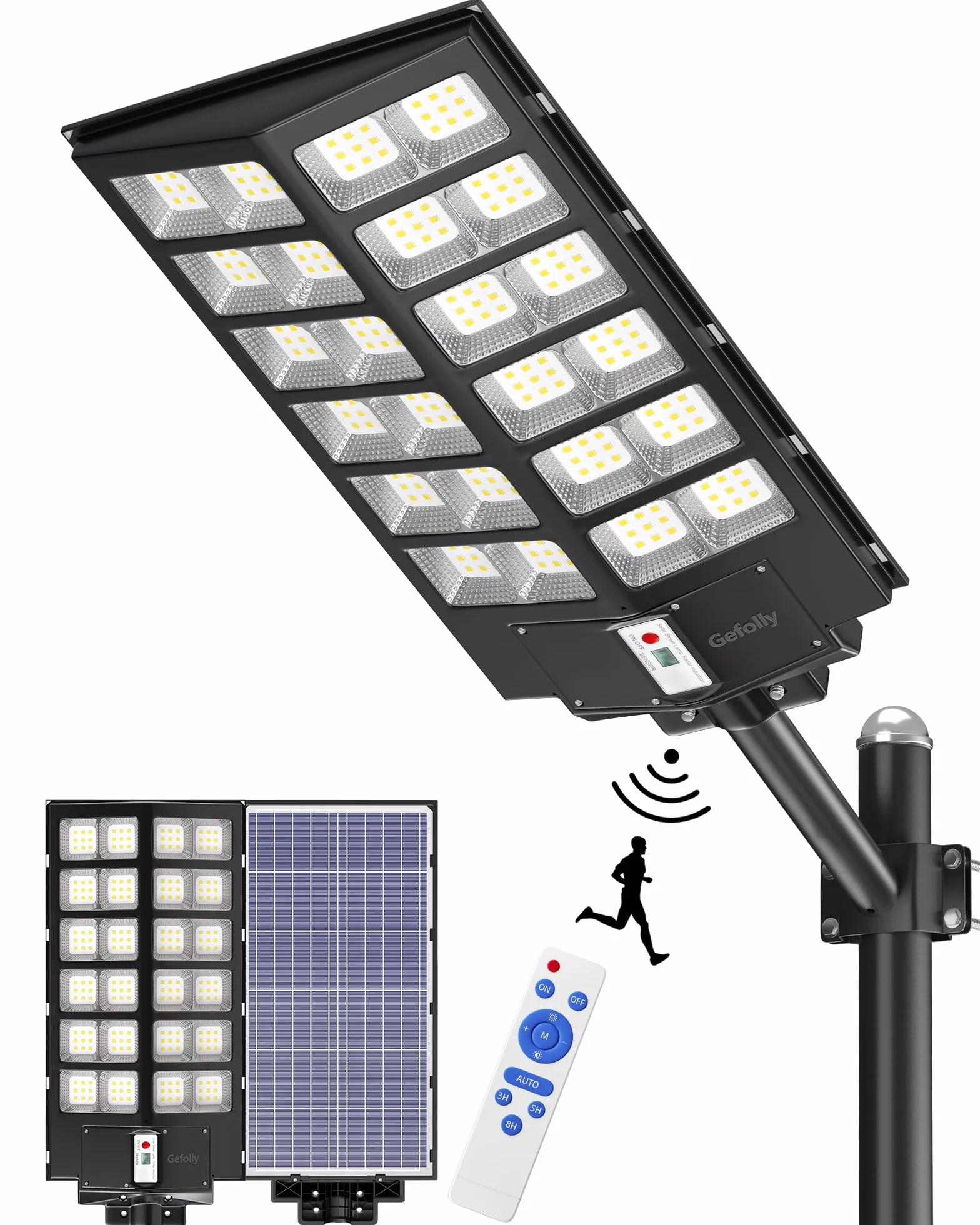Gefolly SL-9800W Solaire Exterieur Lampadaire 860000LM 6500K IP67 Projecteur Solaire avec Télécommande