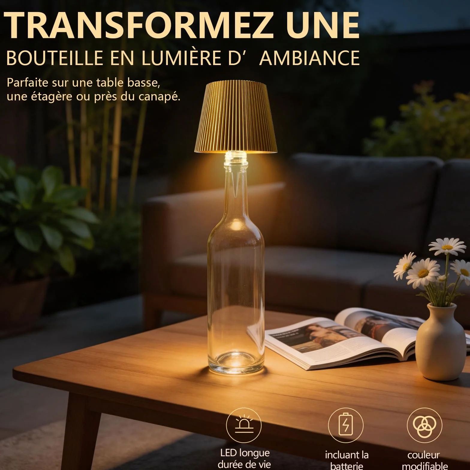 Lampe LED décorative dorée Rechargeable USB-C Sans fil IP54 3 températures réglables pour récipient en verre à goulot standard Table Balcon Terrasse Camping