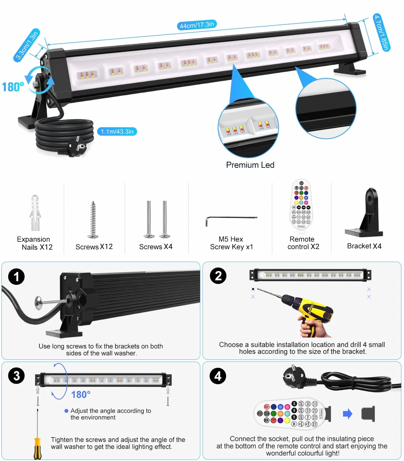 MEIHUA Projecteur LED RGB 42W 2Pack IP66 Étanche 10 Couleurs 30 Modes Luminosité Réglable