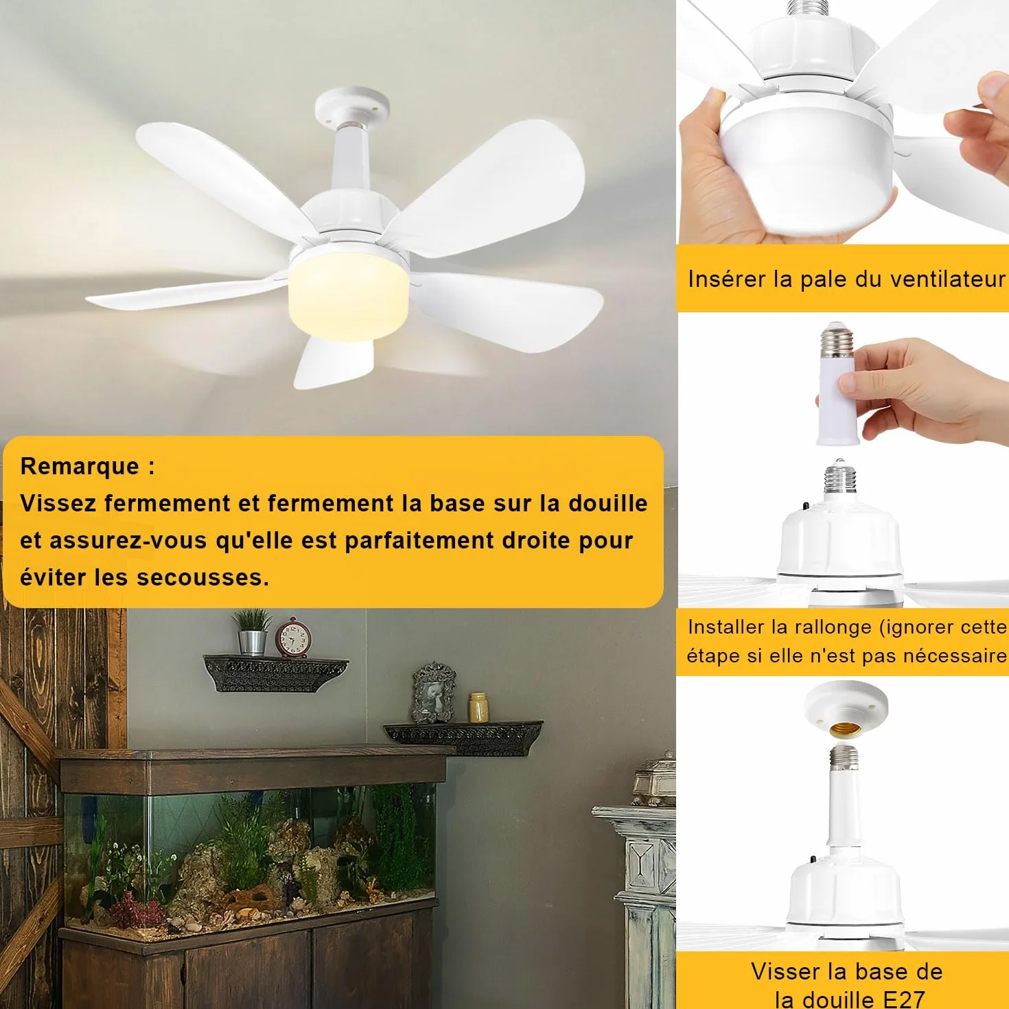 Ventilateur à Douille avec E27 Base LED Plafond Lumière Télécommande 50CM Salle de Bain Cuisine Chambre Garage