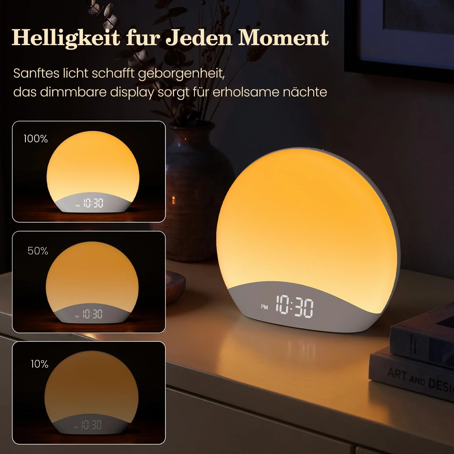 Réveil Lumière Simulant l’Aube avec Bruits Blancs, Lampe de Réveil Veilleuse Horloge Numérique Dimable 0–100%, 26 Sons Relaxants