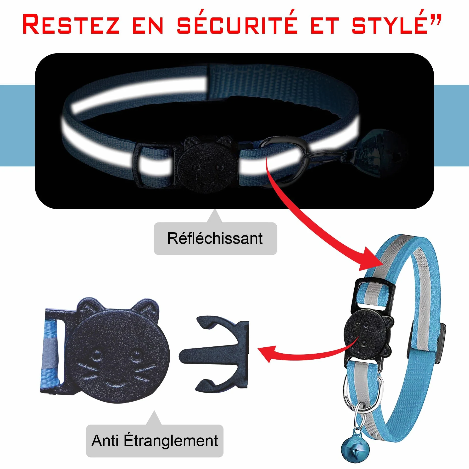 Collier Chat Réfléchissant Nylon avec Boucle Sécurité Anti-Étranglement et ID Tag