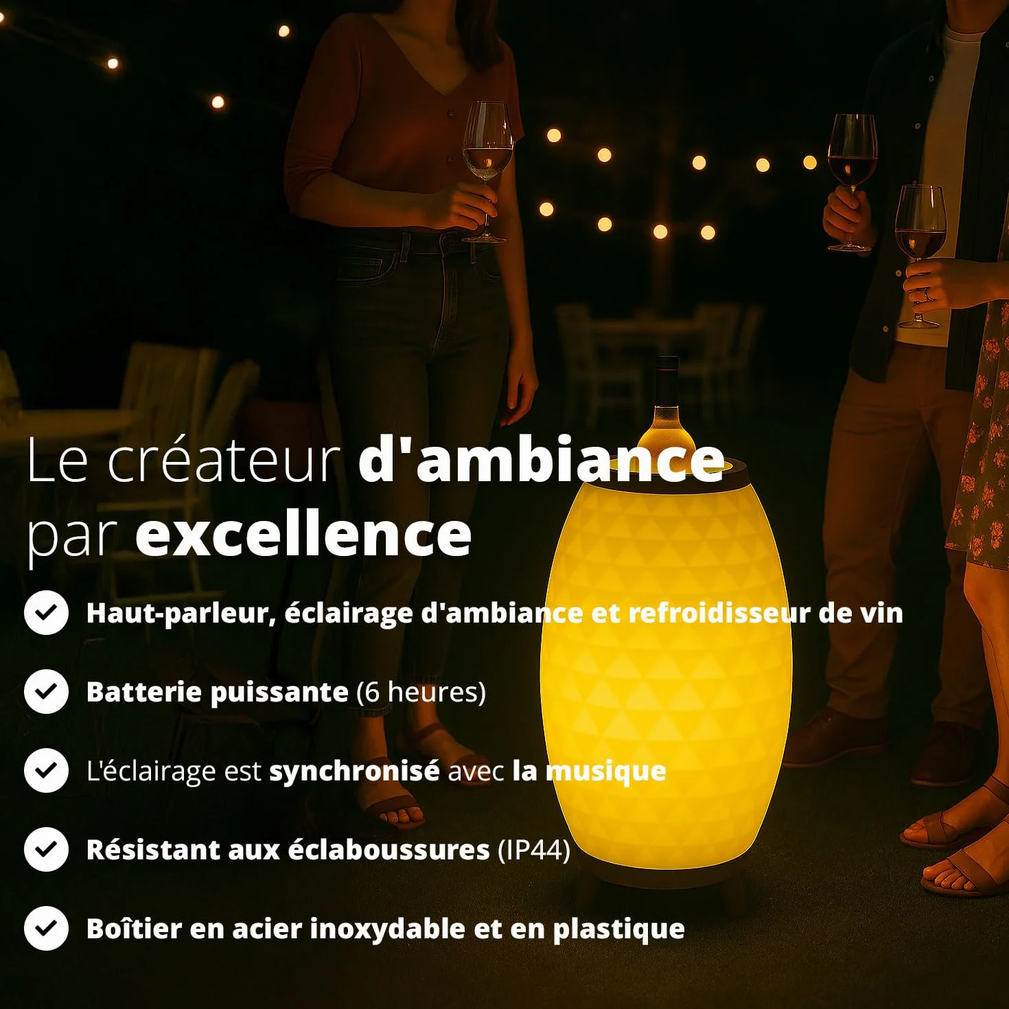FLINQ Haut-Parleur Bluetooth Portable Lampe LED Bali avec Refroidisseur à vin Étanche aux éclaboussures Blanc