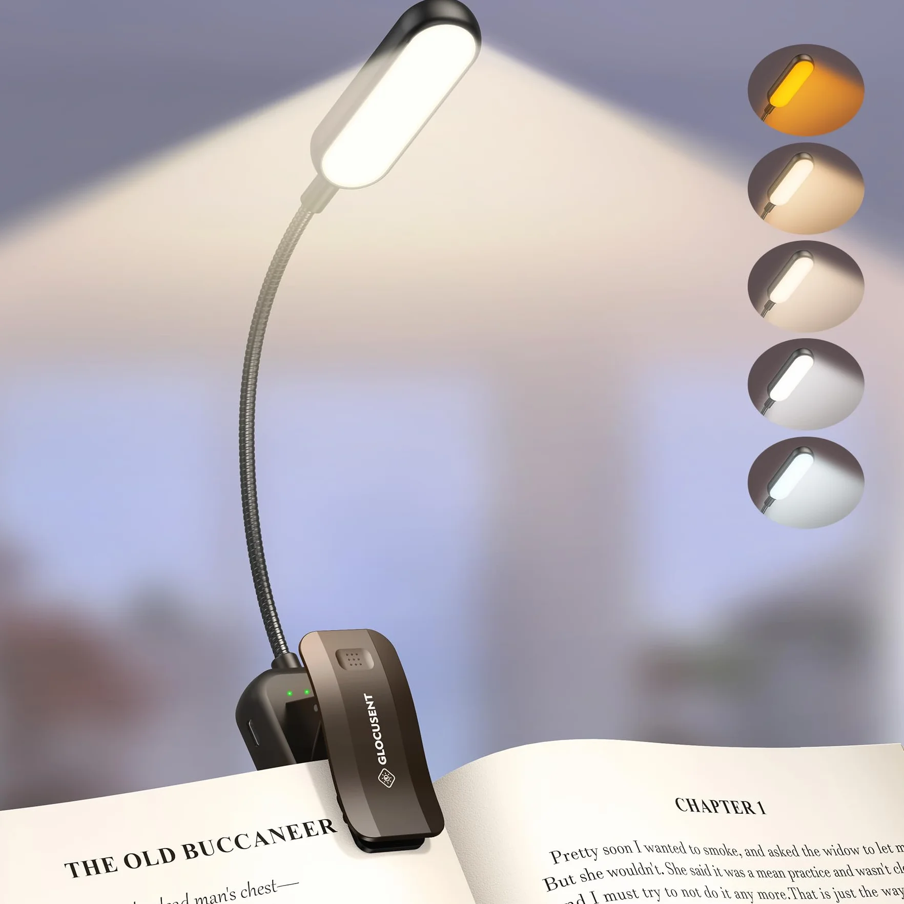 Glocusent Lampe de Lecture Rechargeable 20 LED Clip, Gradation Progressive 5 Modes Protection des Yeux, 3-100LM, 360° Cou Flexible Noir