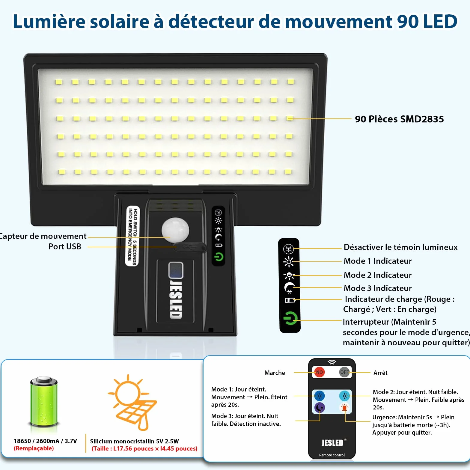 JESLED Lumière solaire extérieure murale 90 LED Détecteur de mouvement IP65 4 Paquet