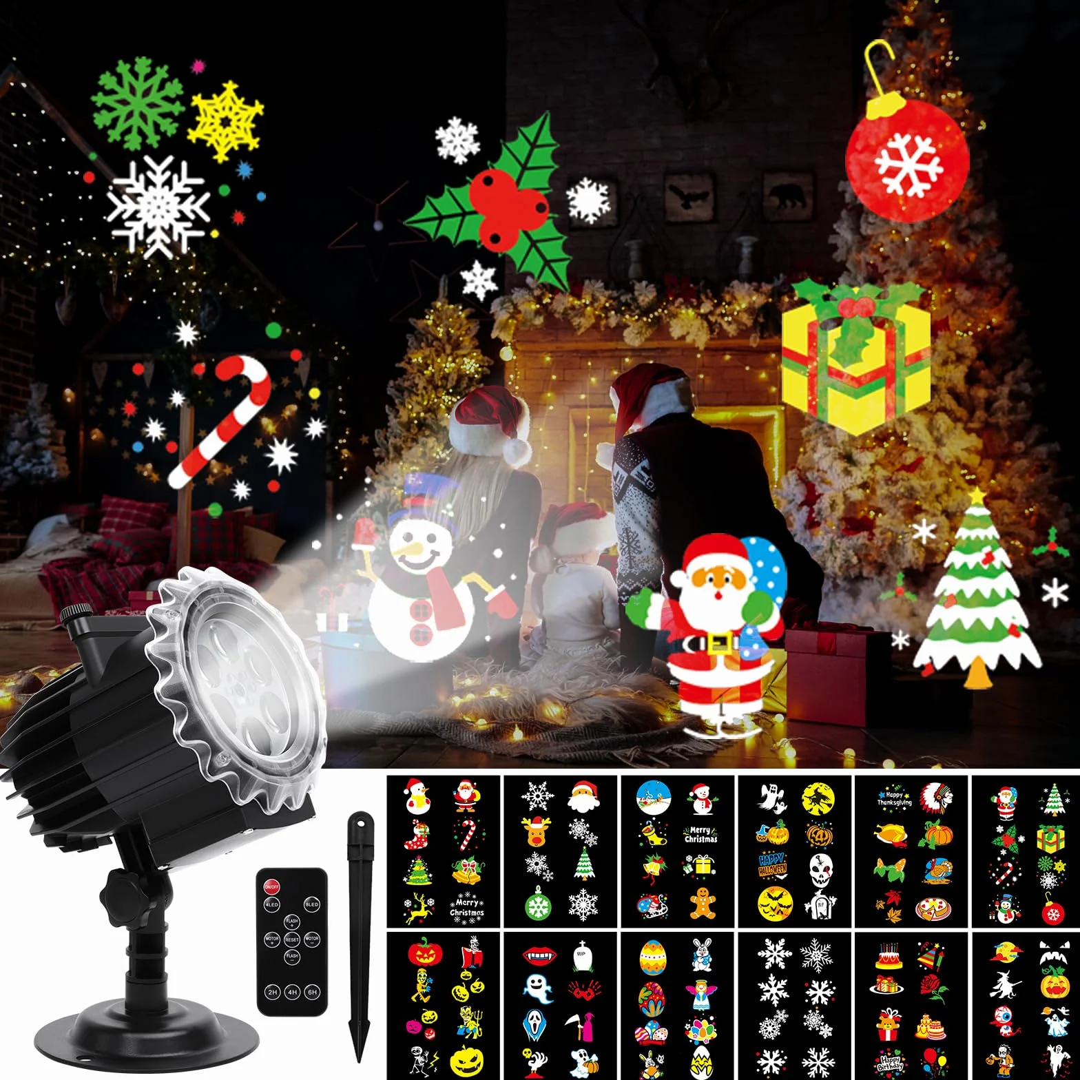Projecteur Noël Extérieur Intérieur Étanche 12 HD Diapositives Télécommande Lampe Flocon Neige Décoration Halloween Anniversaire