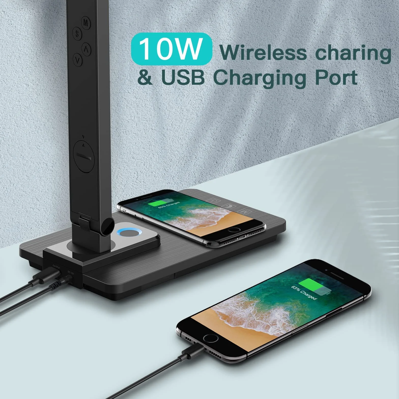 Lampe de Bureau LED Dimmable avec Chargeur Sans Fil 10W, Horloge, Veilleuse, Pliable