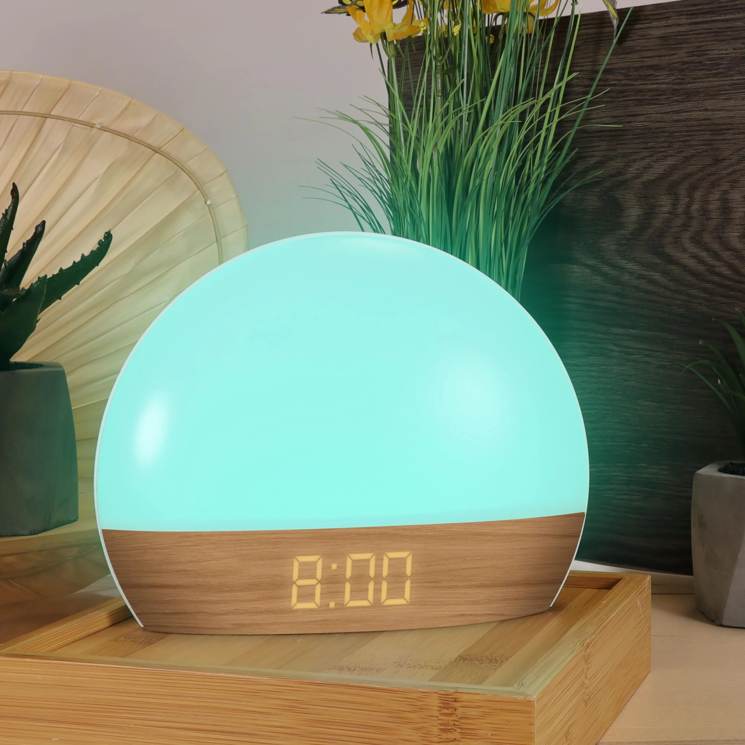 mooov 477356 Réveil simulateur d'aube Lumiere Progressive sur Secteur Luminothérapie Eclairage Blanc ou Couleur Charge Port USB-A Effet Naturel Bois