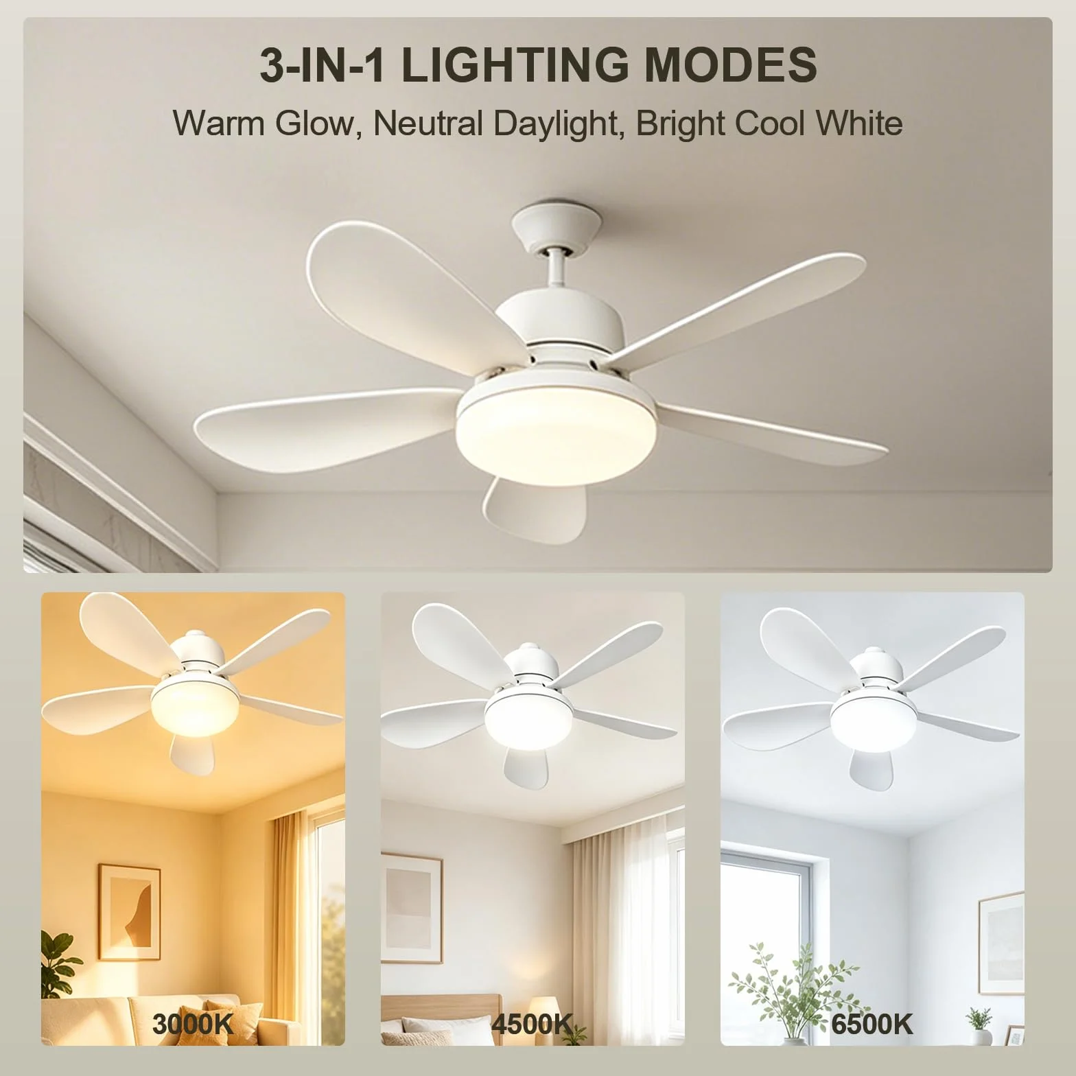 Ventilateur De Plafond Avec Lumiere Et Telecommande, Lampe De Plafond Avec Ventilateur Silencieux 52cm 3 Vitesses 3 Modes Eclairage