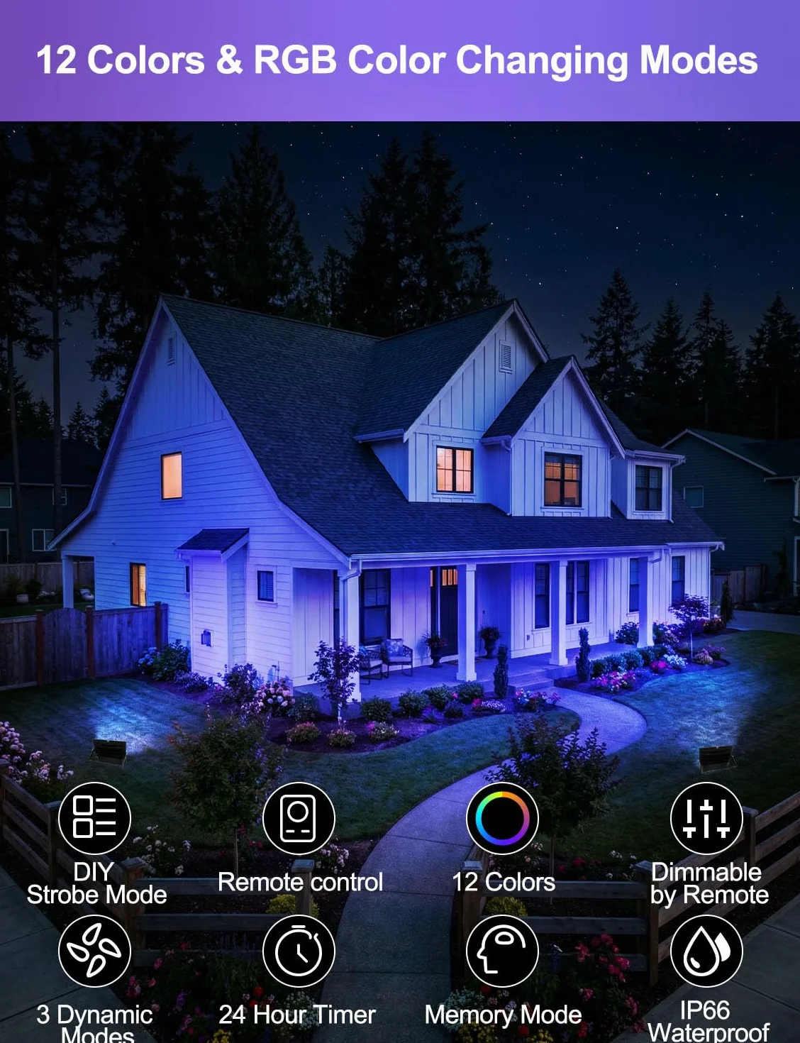 Projecteur LED RGB Extérieur 50W IP66 Étanche 12 Couleurs Télécommande