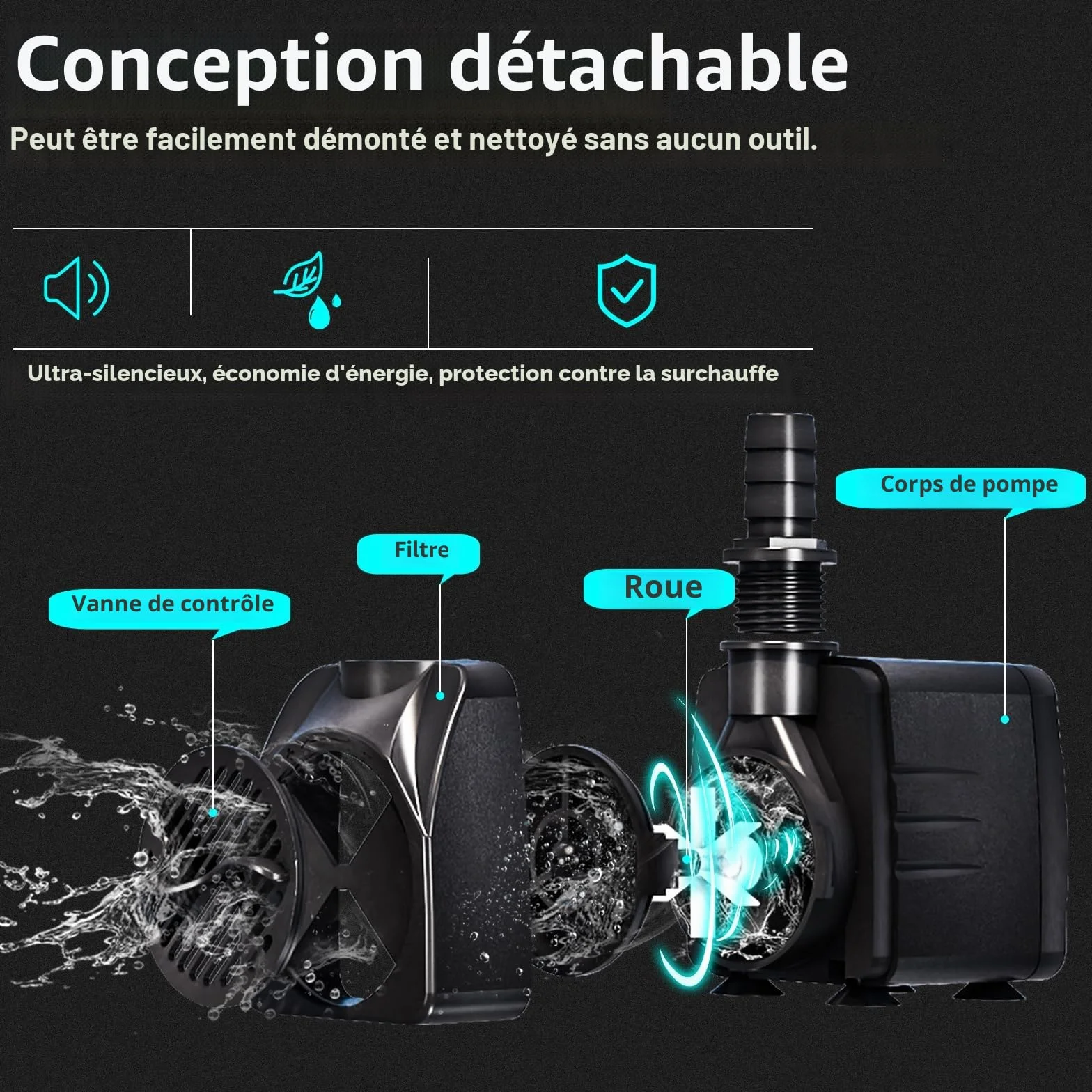 Pompe Submersible 10W 600L/h pour Étang Fontaine Aquarium Ultra-Silencieuse avec Câble 1.5m