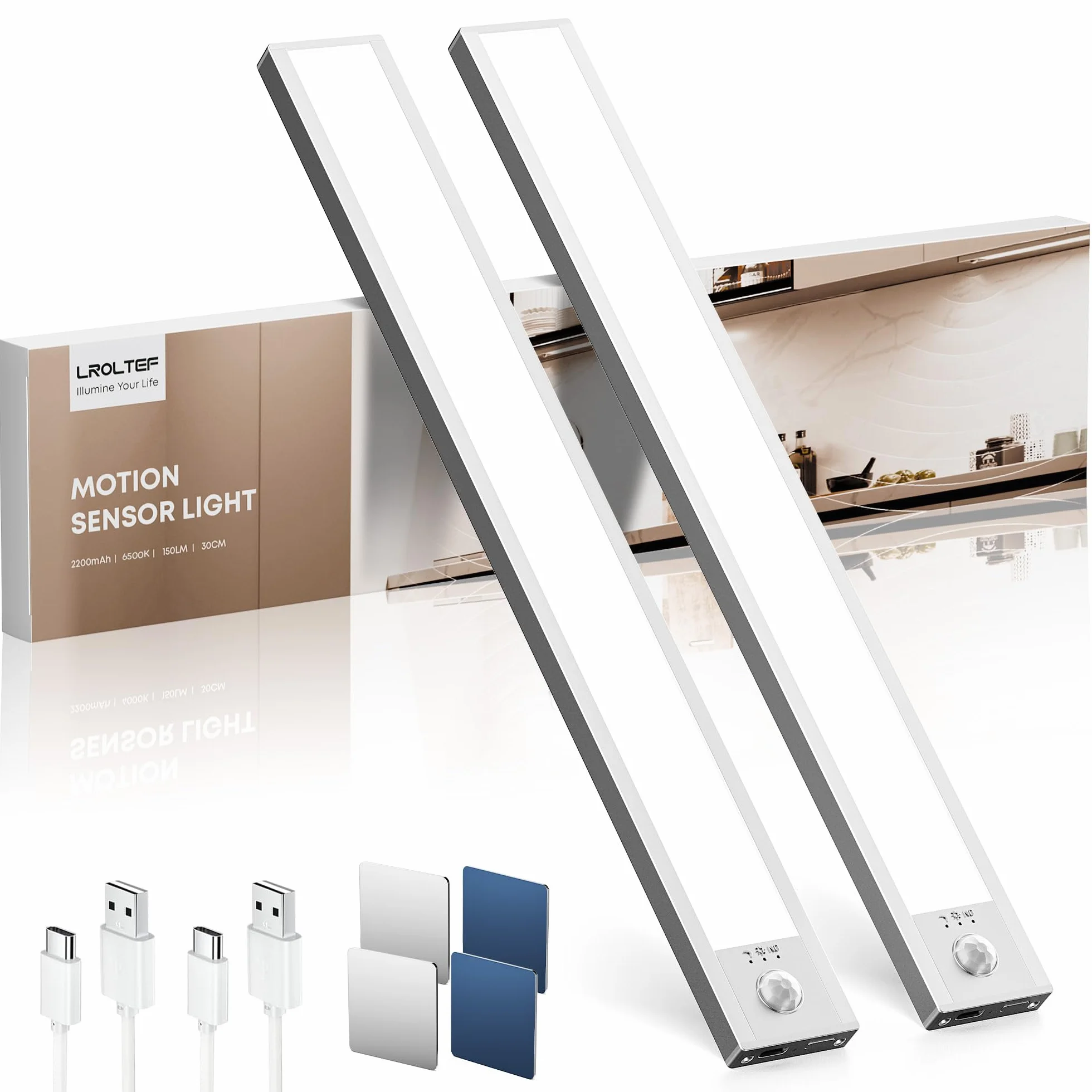 LROLTEF Reglette LED Lampe Cuisine sous Meuble avec Detecteur de Mouvement 30CM 2200mAh Rechargeable 2 Pack