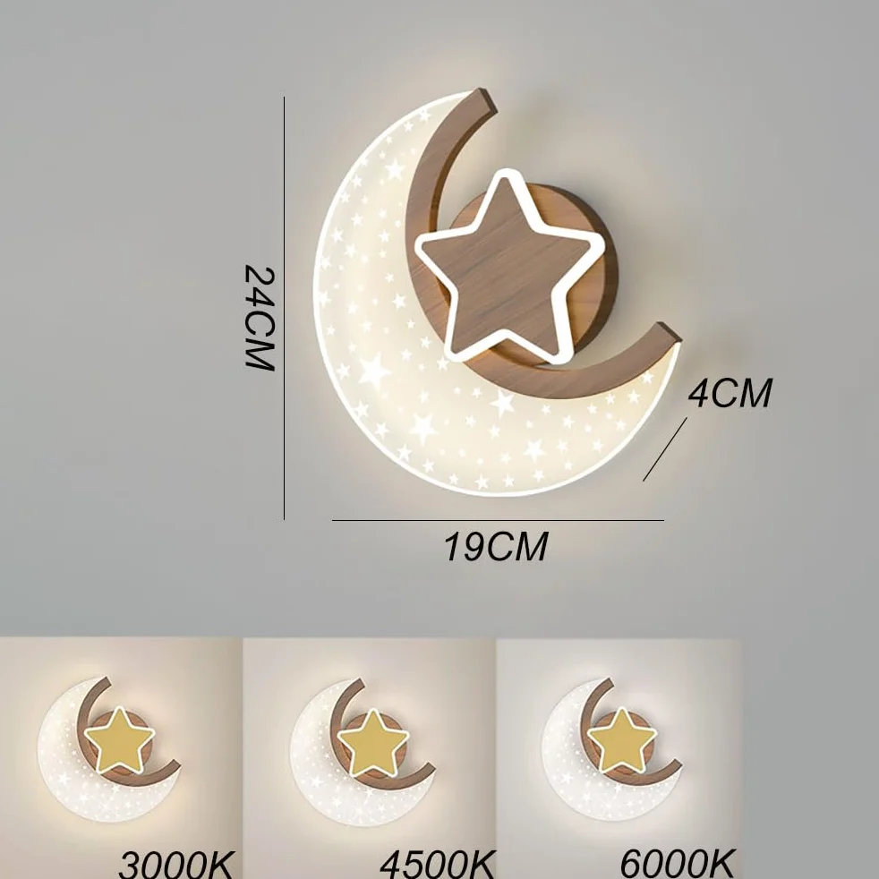 Applique LED Lune Bois 12W Lampe Murale Enfants Etoiles et Lune 3 Couleurs Température Chambre à coucher