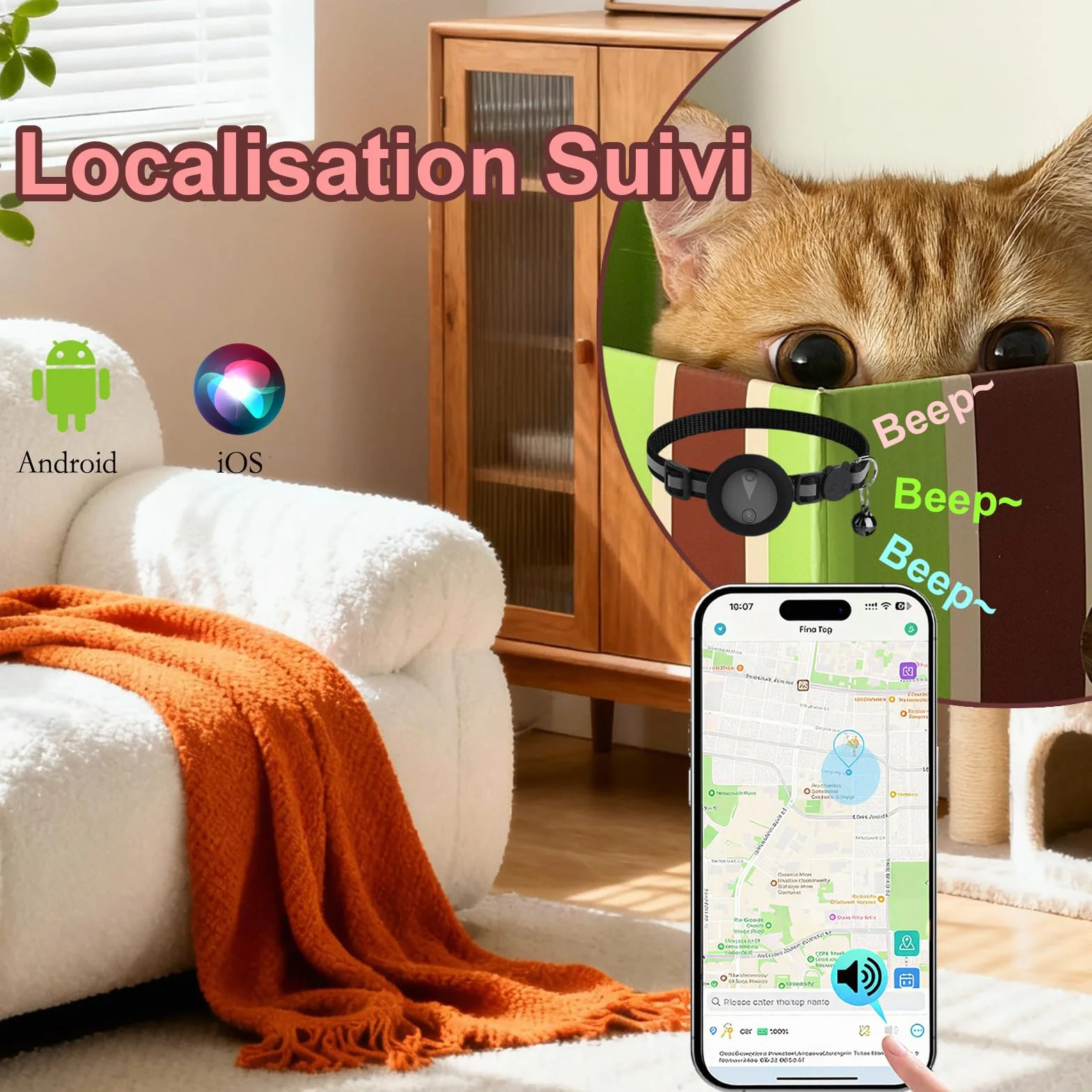 Collier GPS Chien Suivi Temps Réel Étanche IP67 Noir Mat Compatible iOS Android Enregistrement Trajets 7 Jours